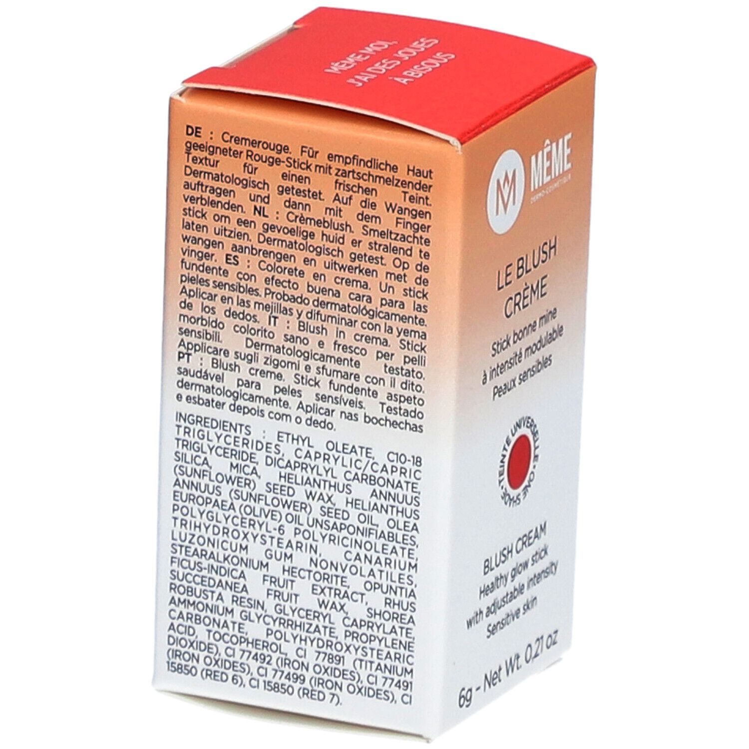 Verpackung mit Text. Weißer Behälter mit rotem Produkt. Text: Le Blush Crème, Healthy glow stick, Teinte Universelle, 6g - Net Wt. 0,21 oz.