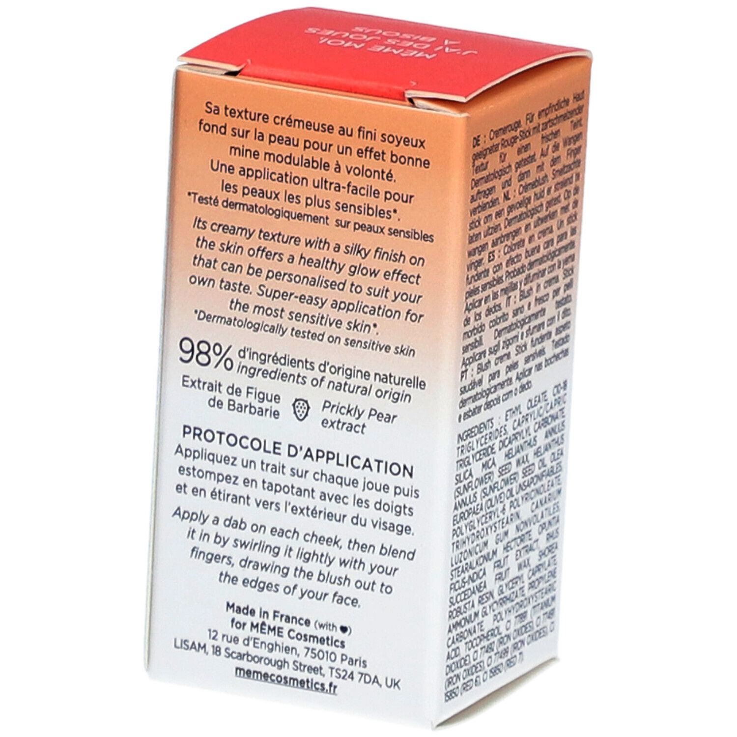 Verpackung mit Text. Weißer Behälter mit rotem Produkt. Text: Le Blush Crème, Healthy glow stick, Teinte Universelle, 6g - Net Wt. 0,21 oz.