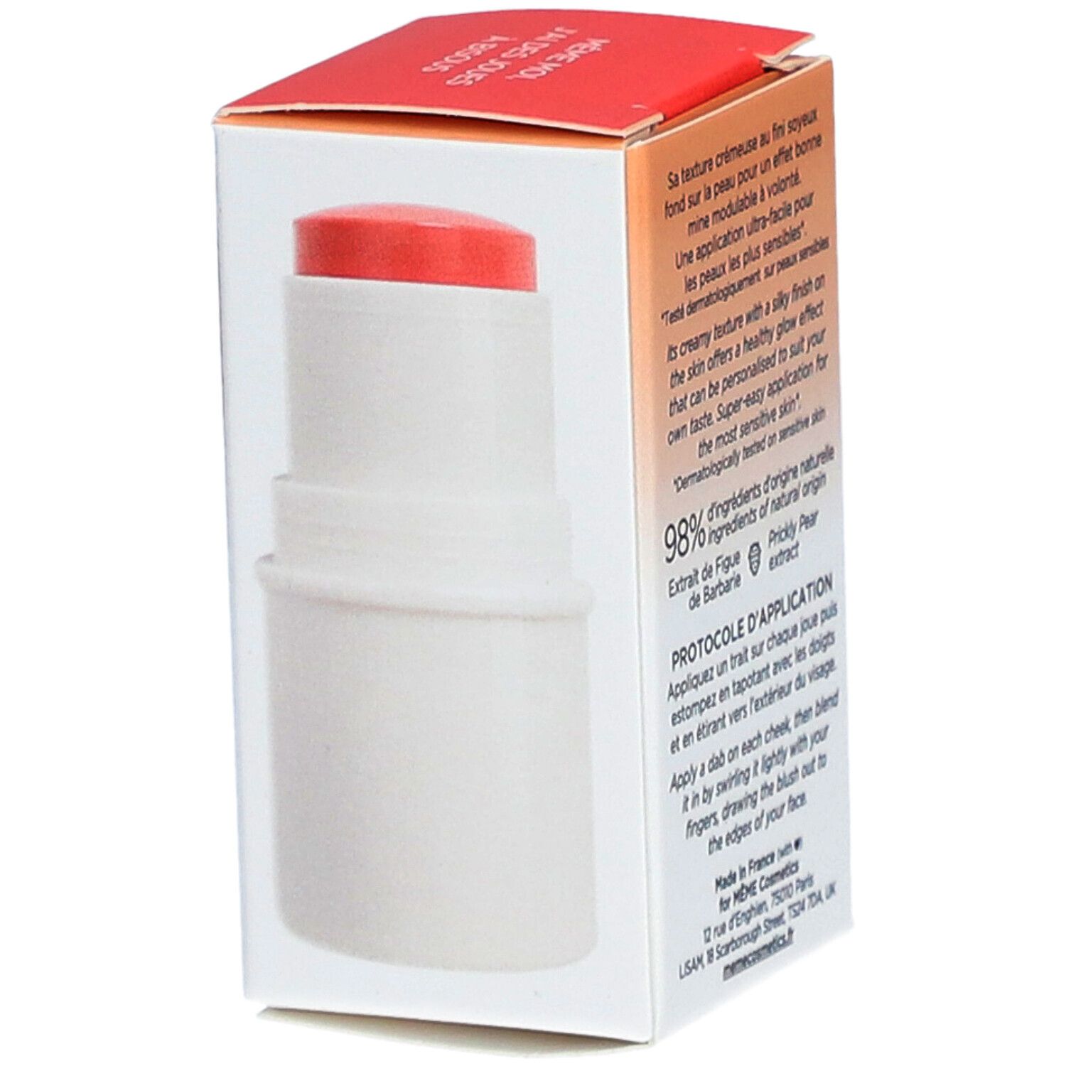 Blush-Stick in Verpackung. Weißer Behälter mit rotem Produkt. Text: Le Blush Crème, Healthy glow stick, Teinte Universelle.
