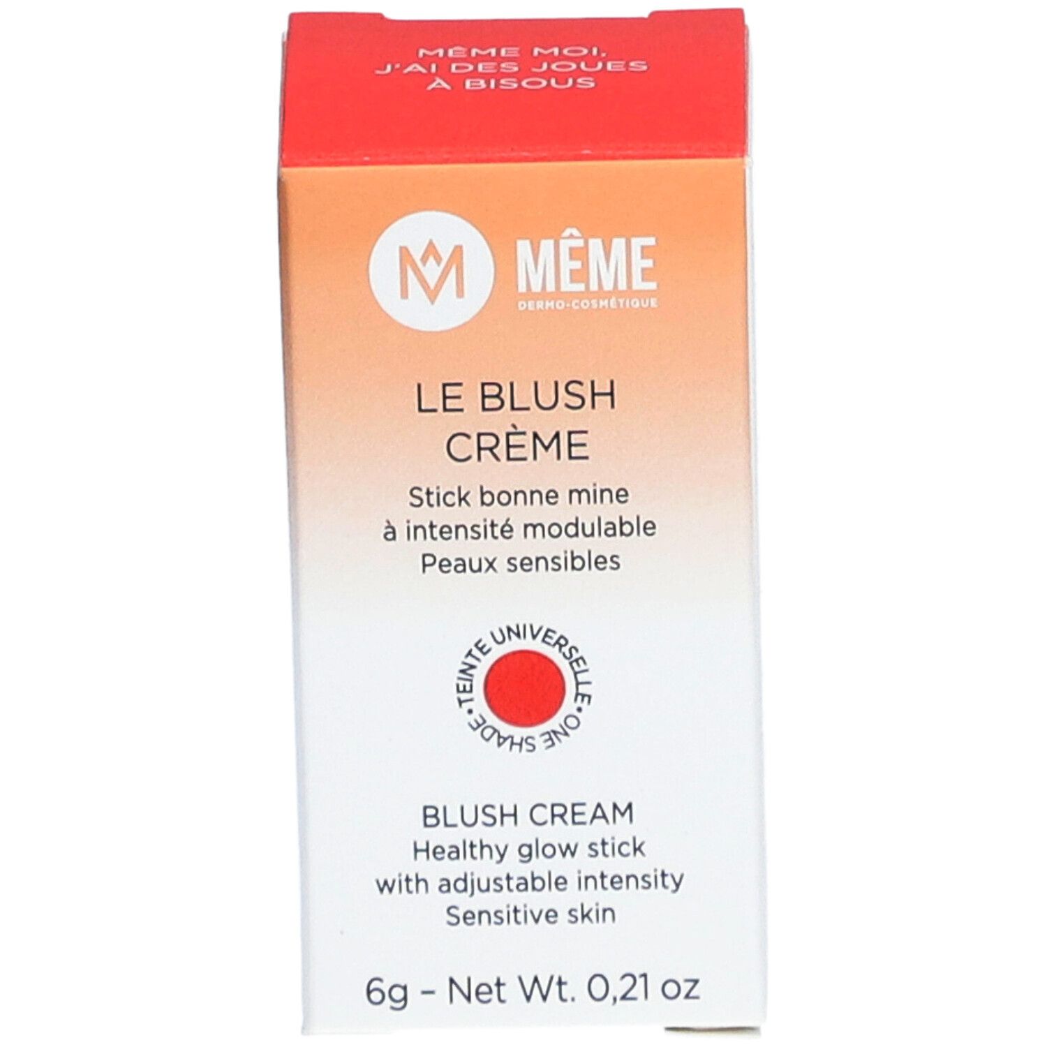 Blush-Stick in Verpackung. Weißer Behälter mit rotem Produkt. Text: Le Blush Crème, Healthy glow stick, Teinte Universelle, 6g - Net Wt. 0,21 oz.