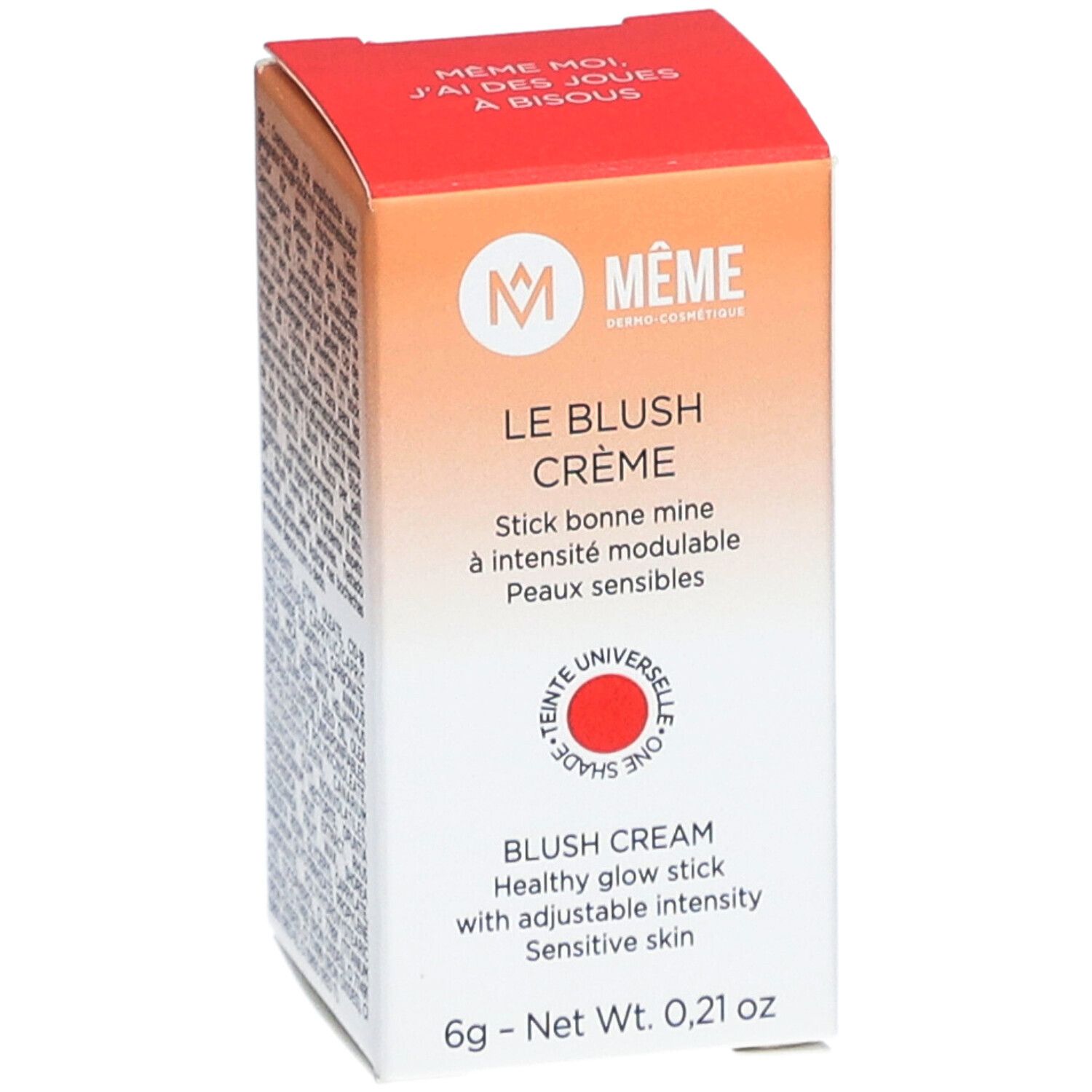 Blush-Stick in Verpackung. Weißer Behälter mit rotem Produkt. Text: Le Blush Crème, Healthy glow stick, Teinte Universelle, 6g - Net Wt. 0,21 oz.