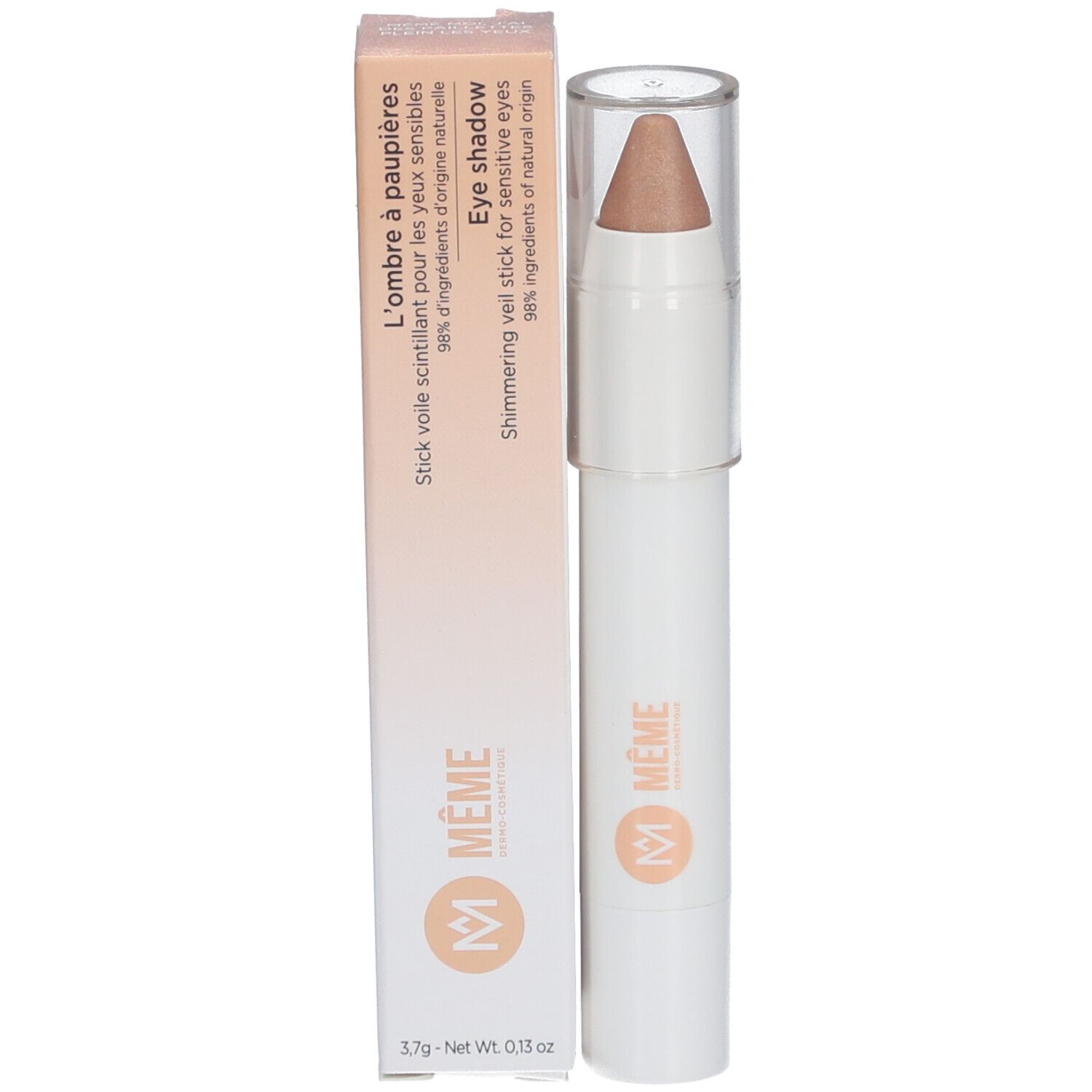 Lidschattenstift und Verpackung. Weißer Stift mit beigem Lidschatten. Verpackung mit Produktnamen und Logo.