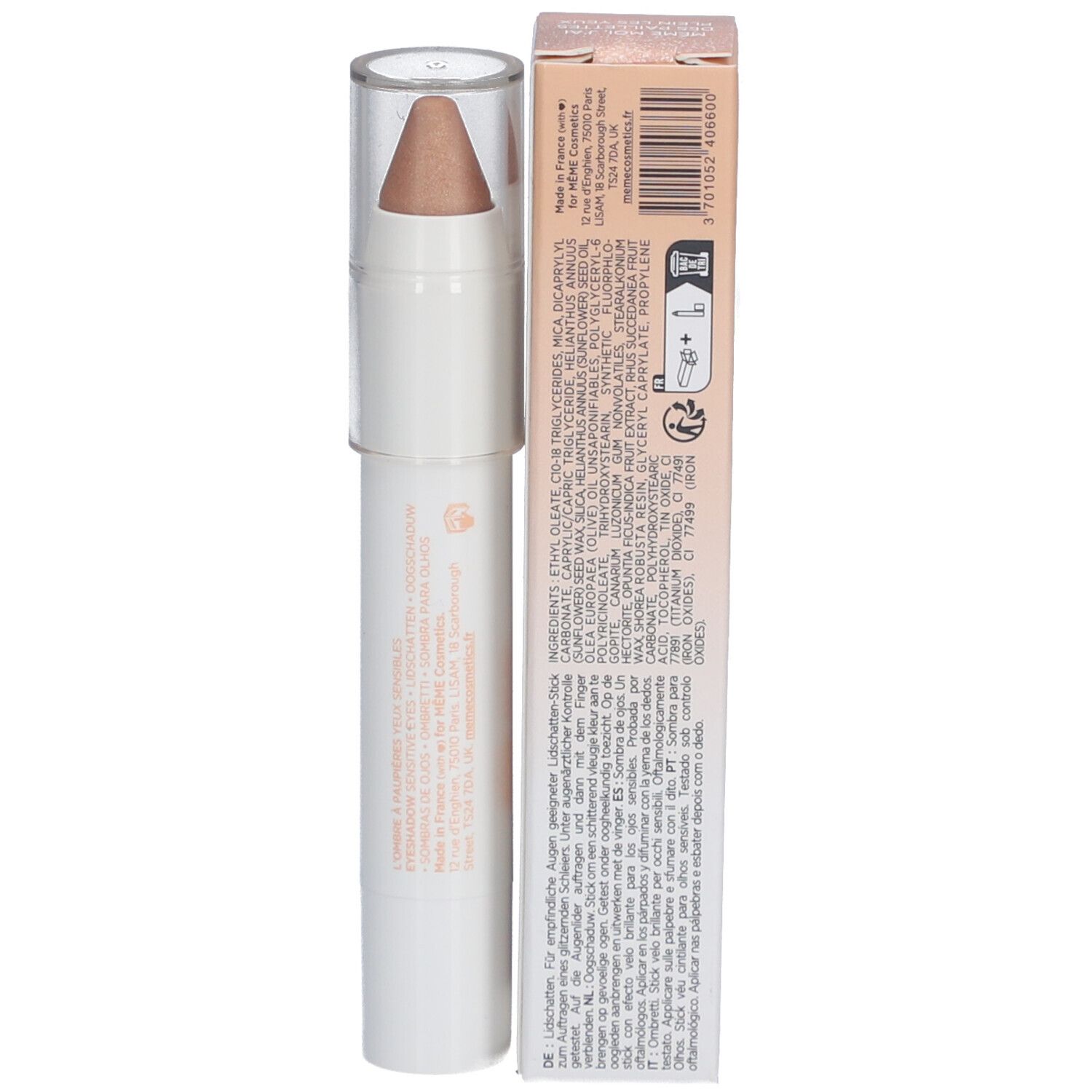 Verpackung und Lidschattenstift. Weißer Stift mit beigem Lidschatten. Verpackung mit Produktinformationen.