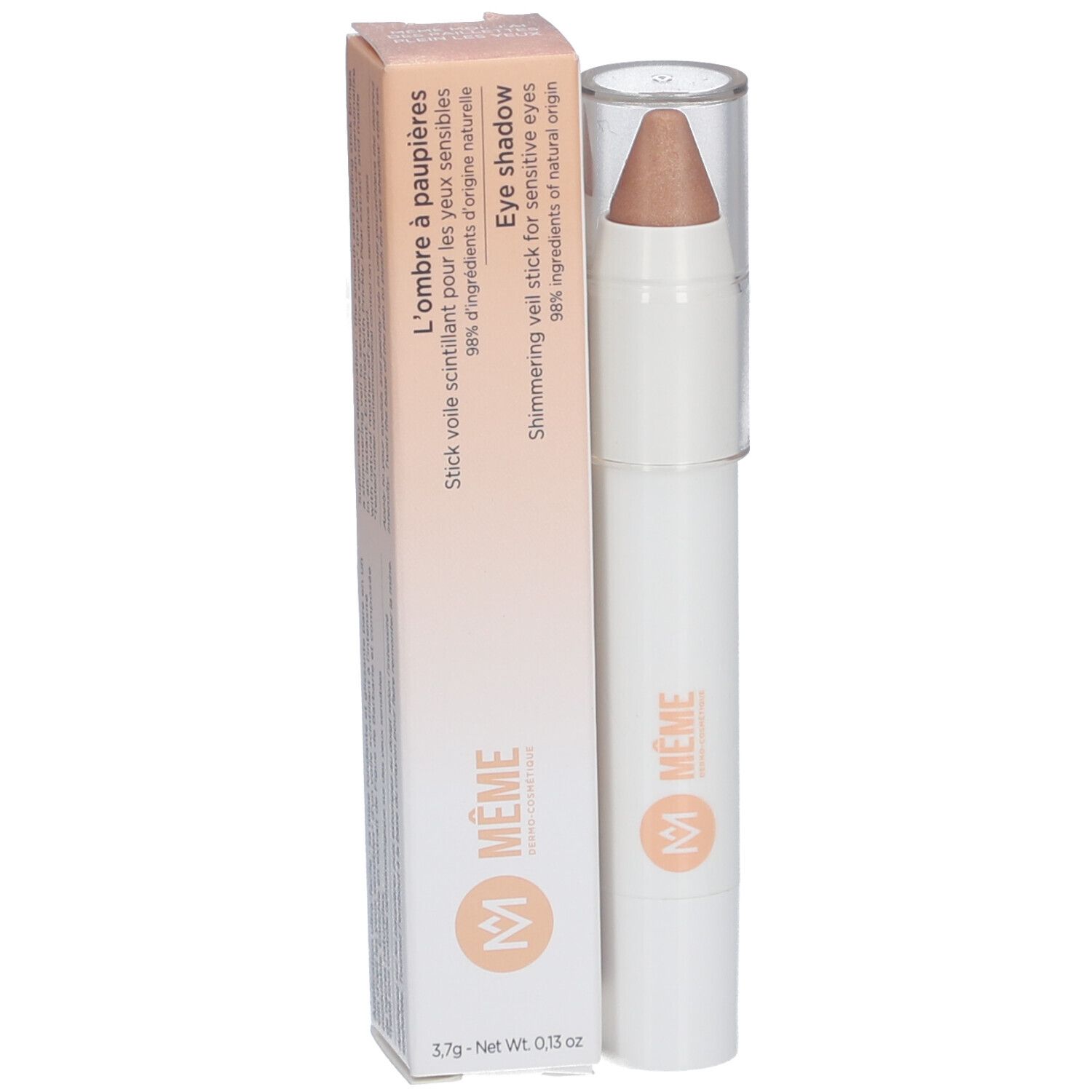 Lidschattenstift und Verpackung. Weißer Stift mit beigem Lidschatten. Verpackung mit Produktnamen und Logo.