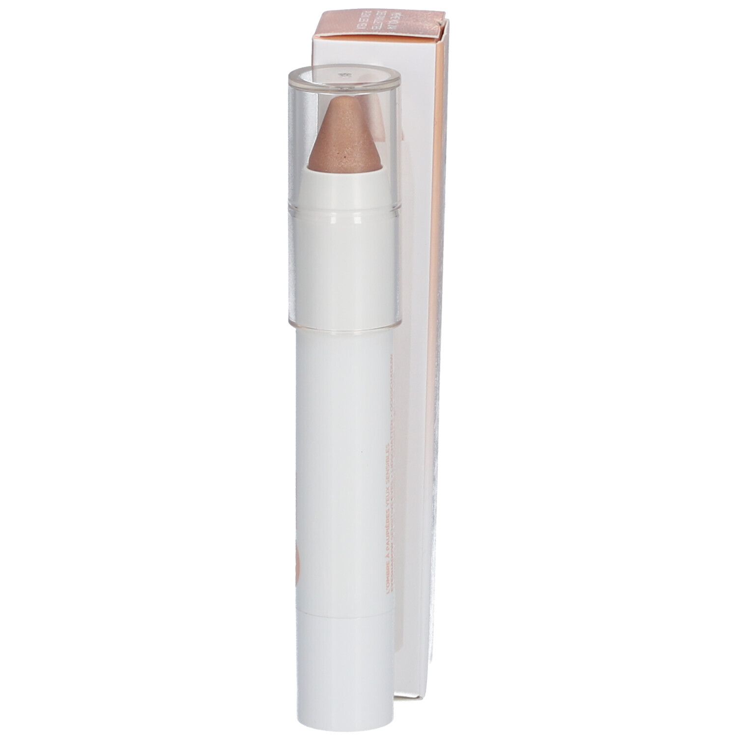 Lidschattenstift. Weißer Stift mit beigem Lidschatten. Transparente Kappe.
