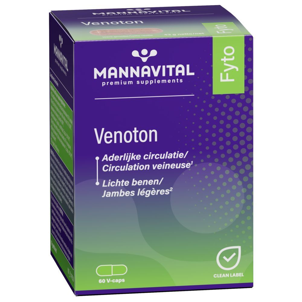 Boîte Mannavital Venoton. Boîte violette avec texte blanc. Contient 60 V-caps. Certification Clean Label.