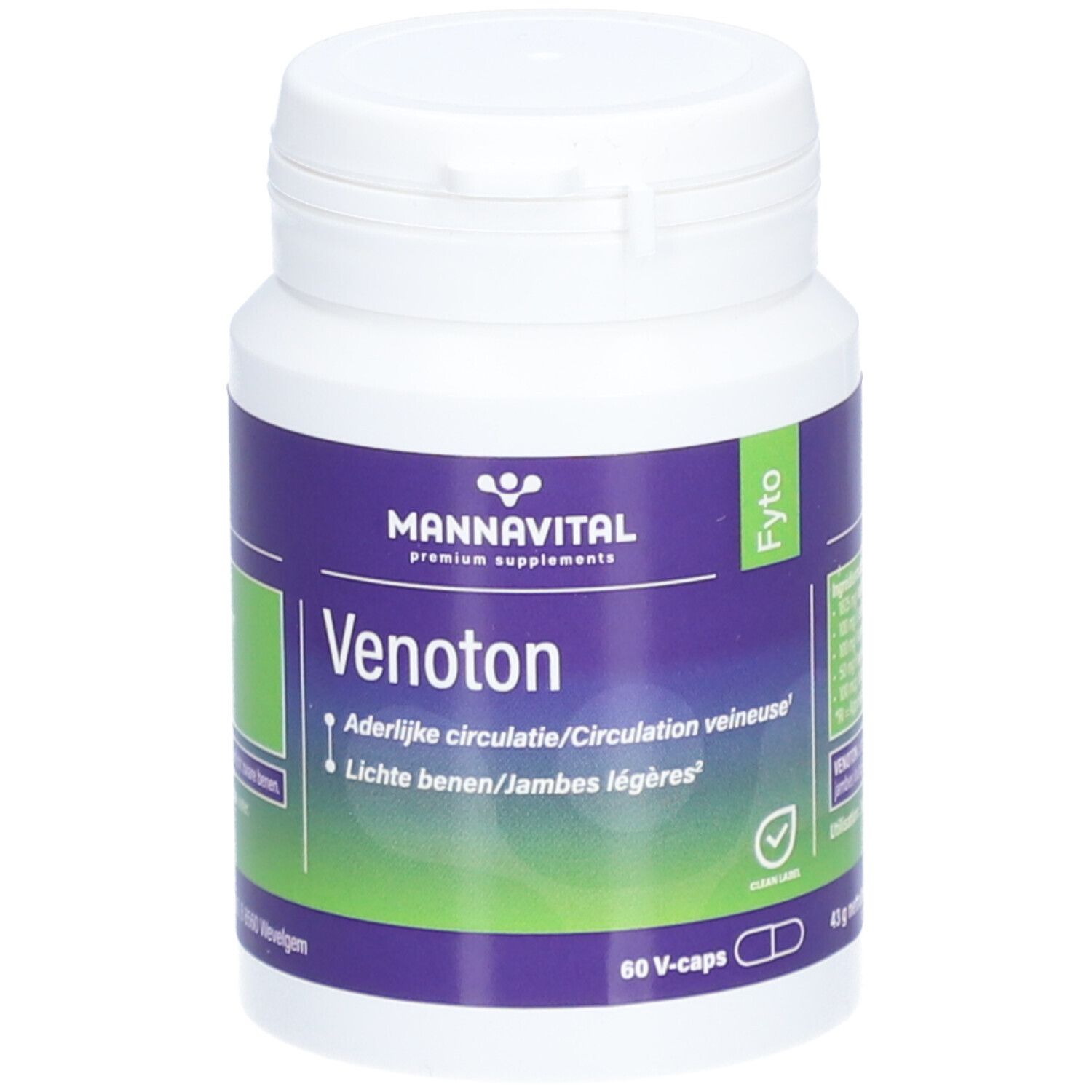 Flacon blanc Mannavital Venoton. Étiquette violette avec texte blanc. Contient 60 V-caps. Certification Clean Label.