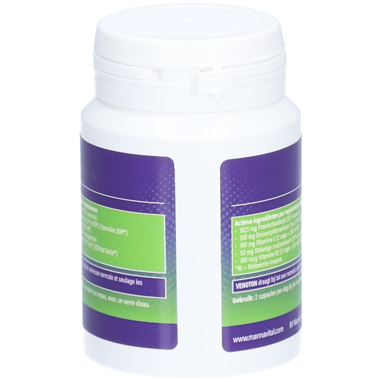 Dos du flacon blanc Mannavital Venoton. Contient des informations sur les ingrédients et l'utilisation. Certification Clean Label.