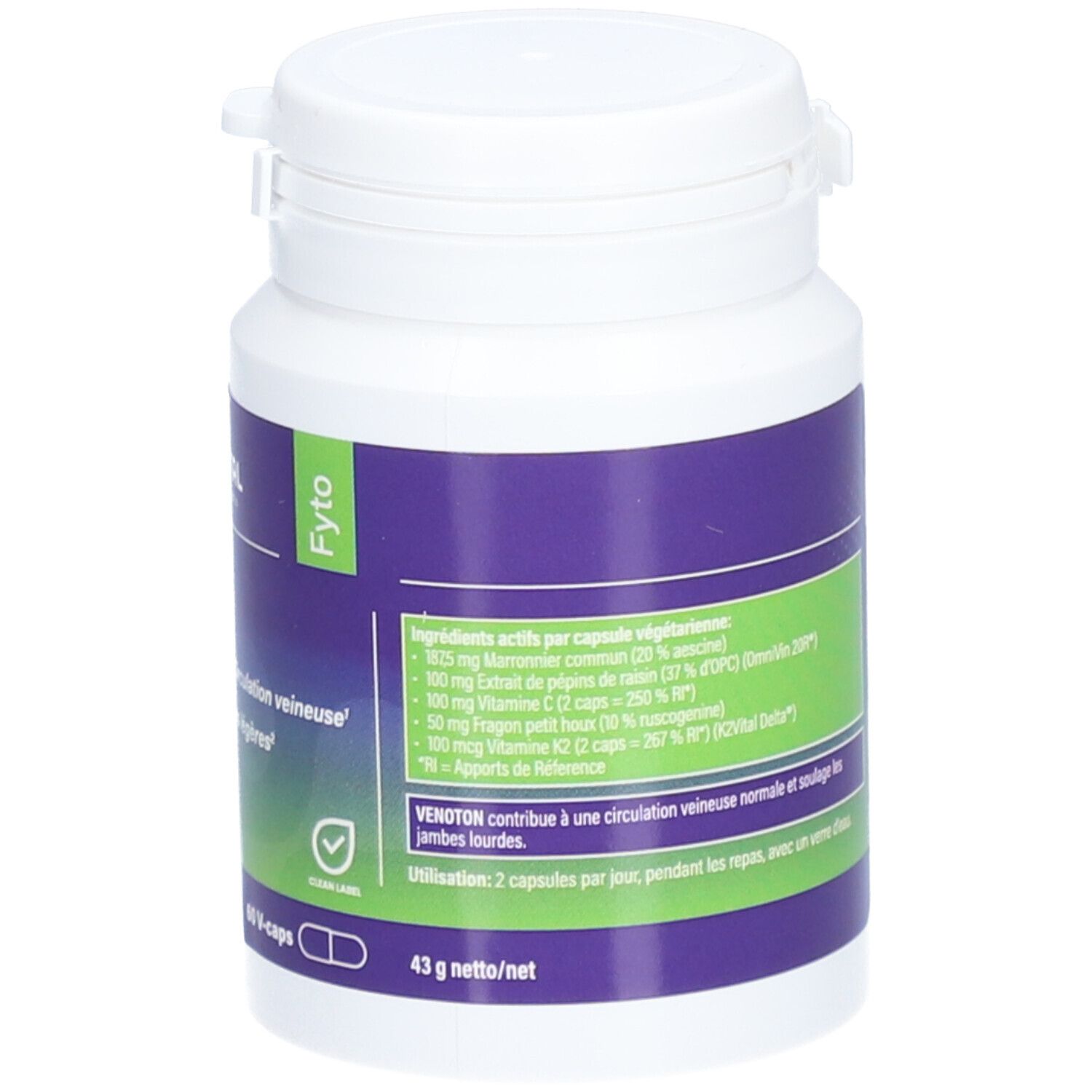 Dos du flacon blanc Mannavital Venoton. Contient des informations sur les ingrédients et l'utilisation. Certification Clean Label.