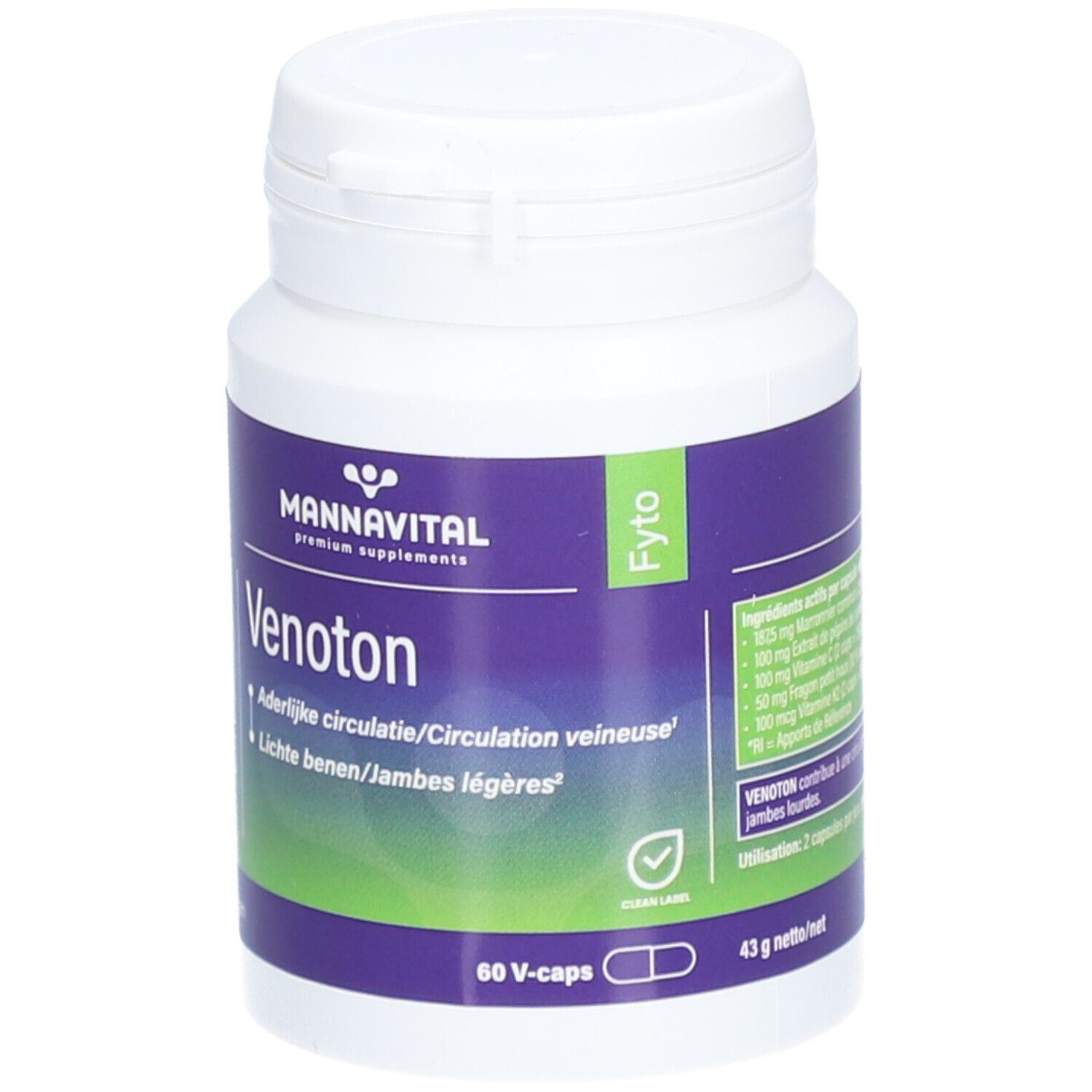 Flacon blanc Mannavital Venoton. Étiquette violette avec texte blanc. Contient 60 V-caps. Certification Clean Label.