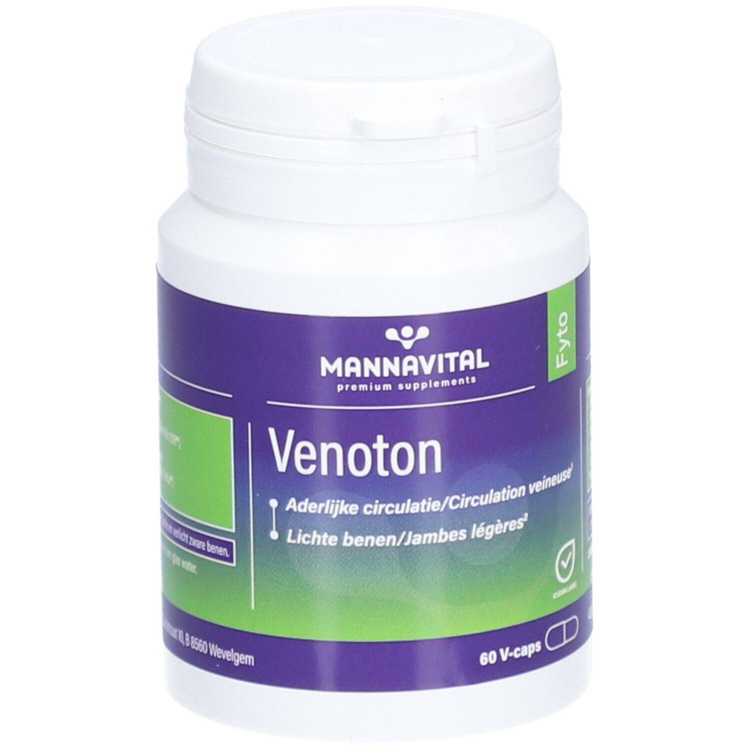 Flacon blanc Mannavital Venoton. Étiquette violette avec texte blanc. Contient 60 V-caps. Certification Clean Label.