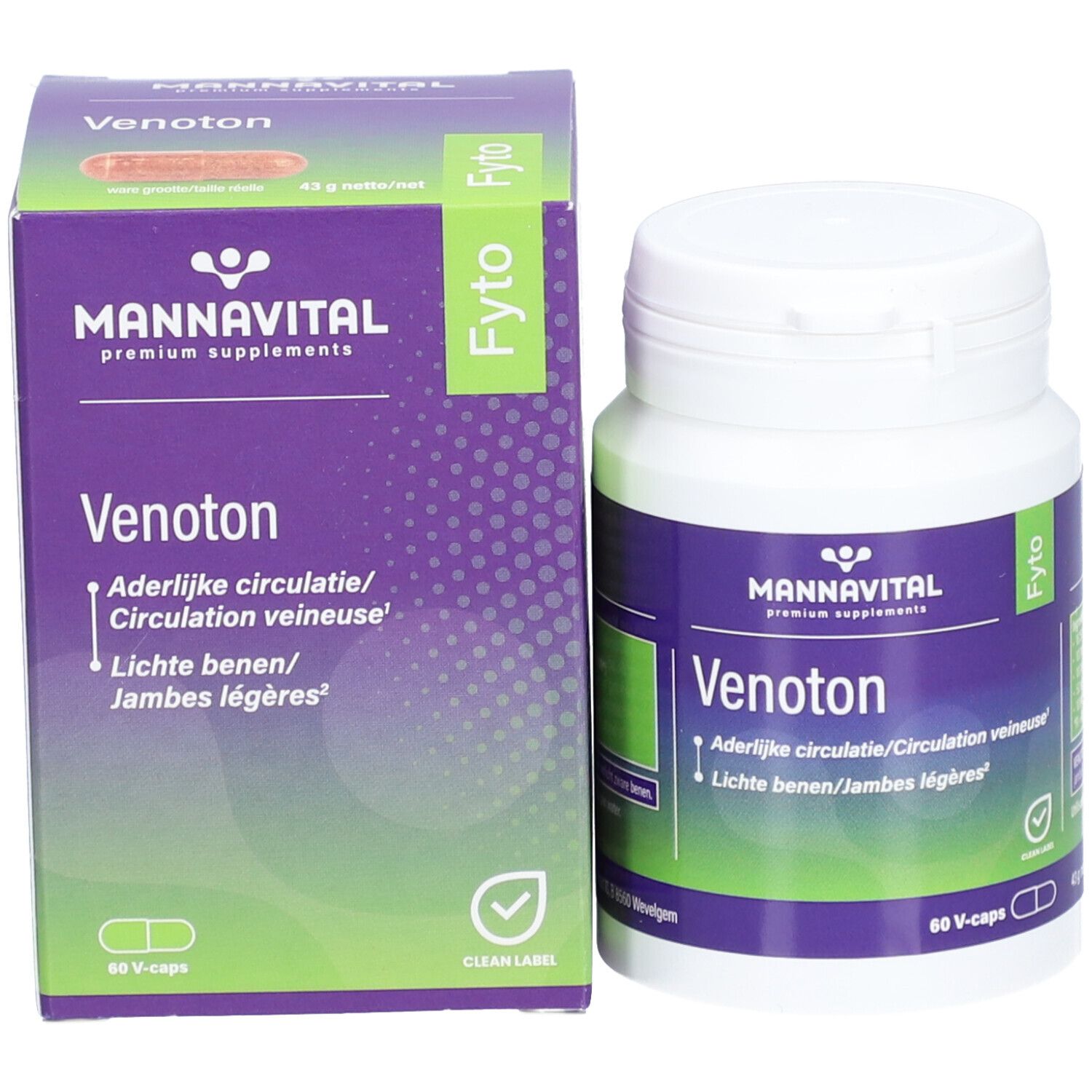 Boîte et flacon Mannavital Venoton. Boîte violette et flacon blanc. Contient 60 V-caps. Certification Clean Label.