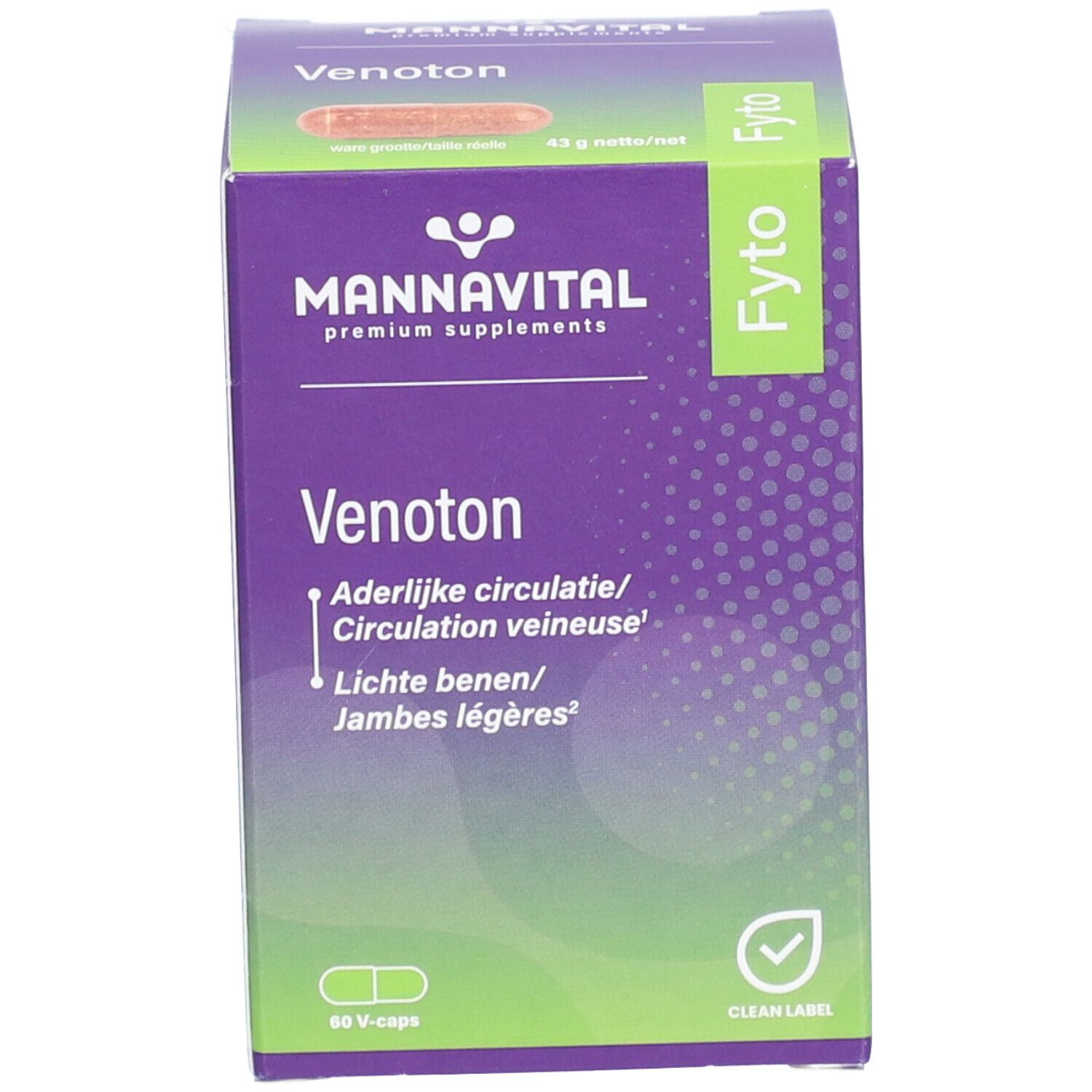 Boîte Mannavital Venoton. Boîte violette avec texte blanc. Contient 60 V-caps. Certification Clean Label.