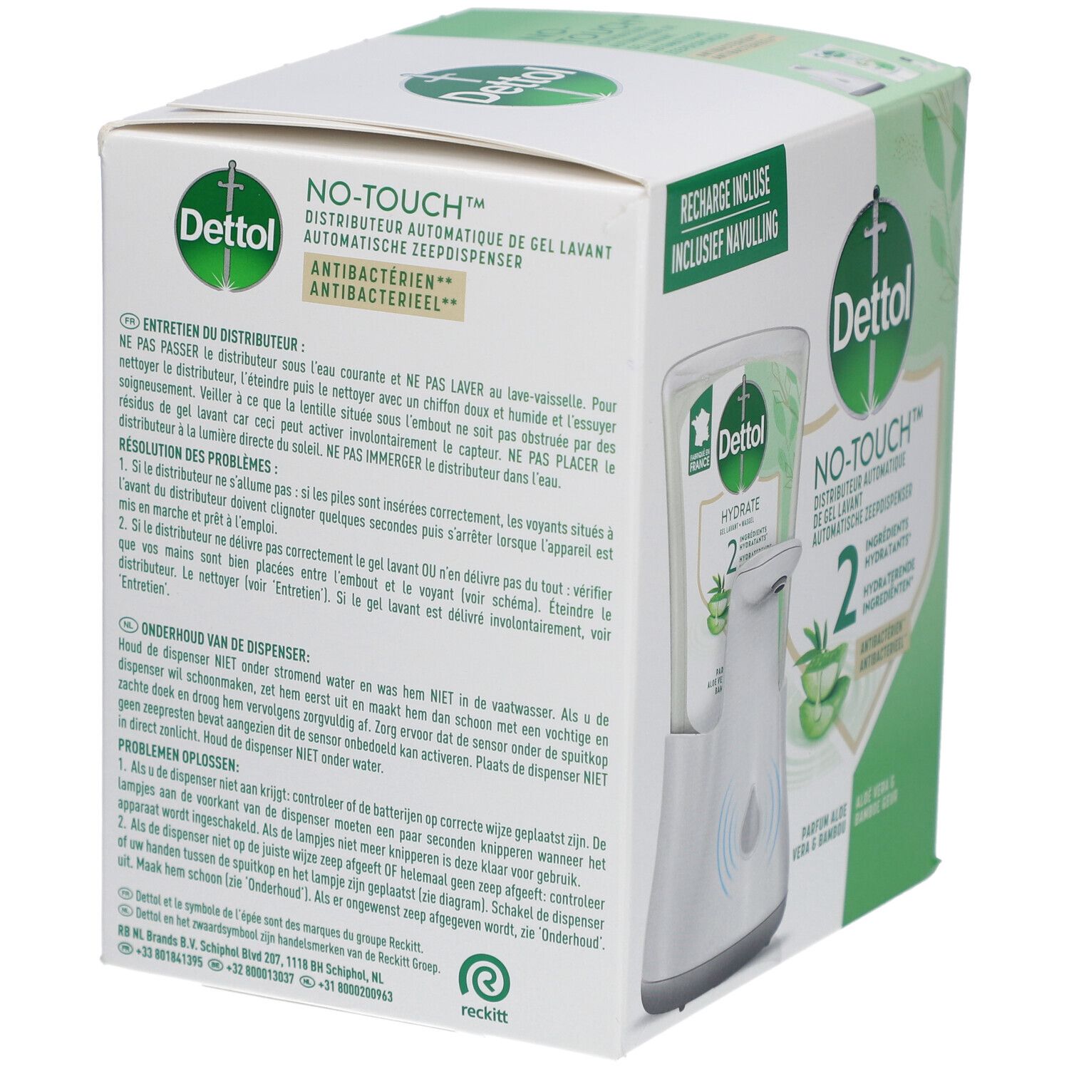 Dettol No-Touch Seifenspender-Verpackung. Zeigt den Spender und Informationen zur Wartung. Antibakteriell.