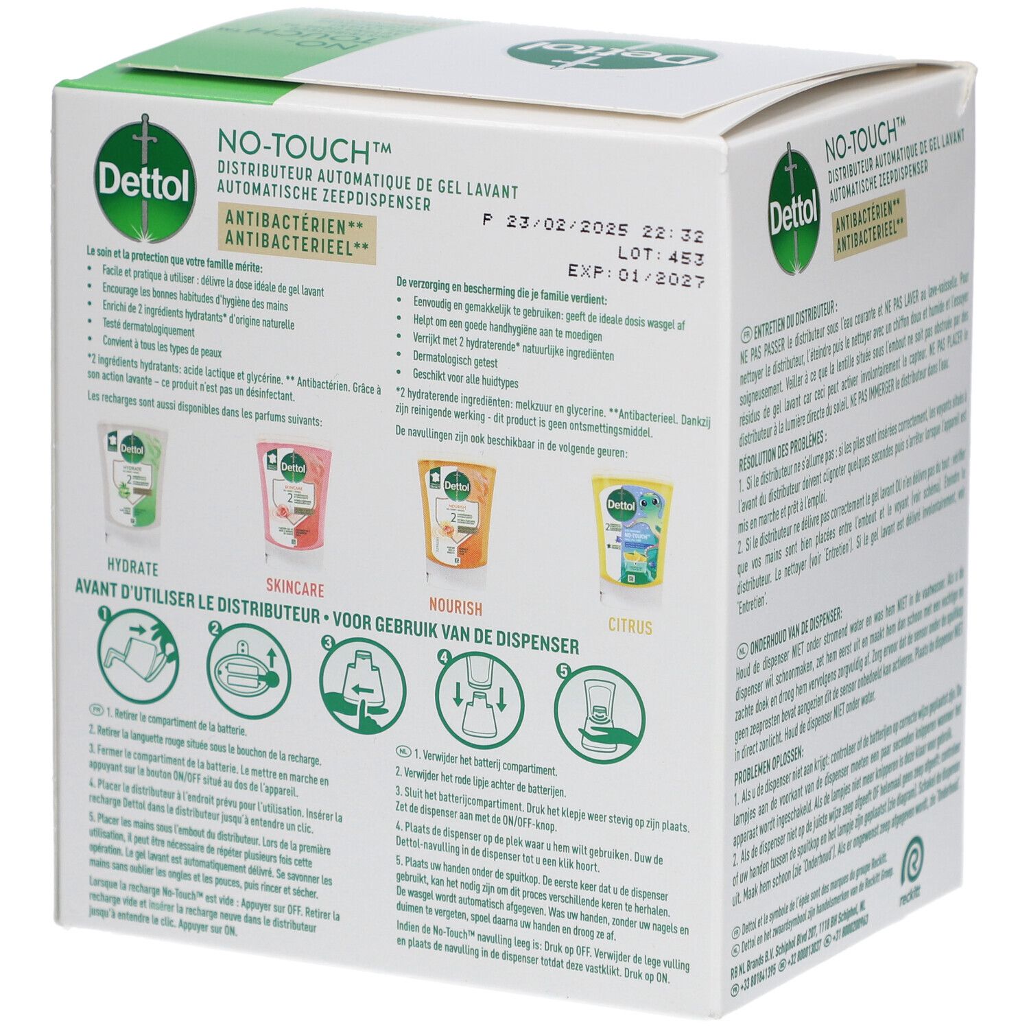 Rückseite der Dettol No-Touch Seifenspender-Verpackung. Zeigt Anweisungen und Nachfülloptionen. Antibakteriell.