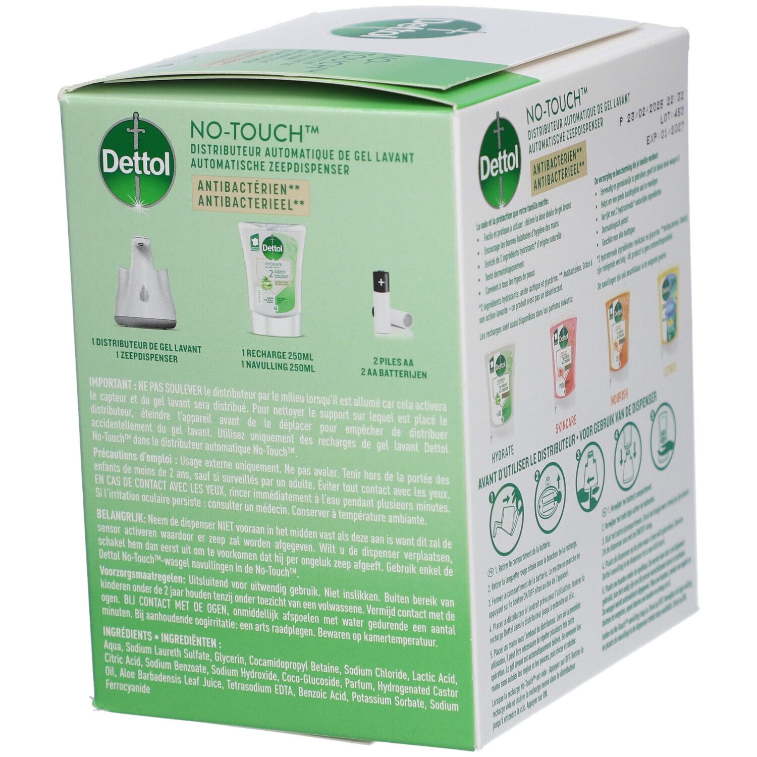 Rückseite der Dettol No-Touch Seifenspender-Verpackung. Zeigt Komponenten, Inhaltsstoffe und Nachfülloptionen. Antibakteriell.