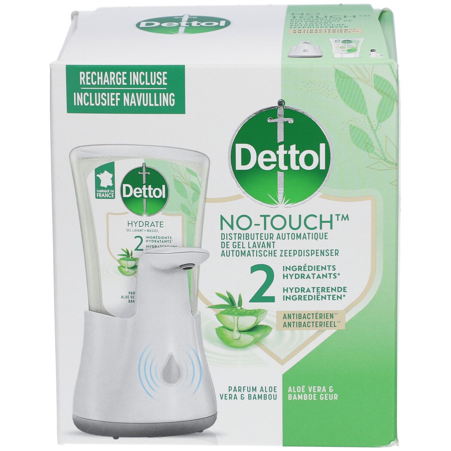Verpackung des Dettol No-Touch Seifenspenders. Enthält Spender, Nachfüllung und Aloe Vera Duft. Antibakteriell.