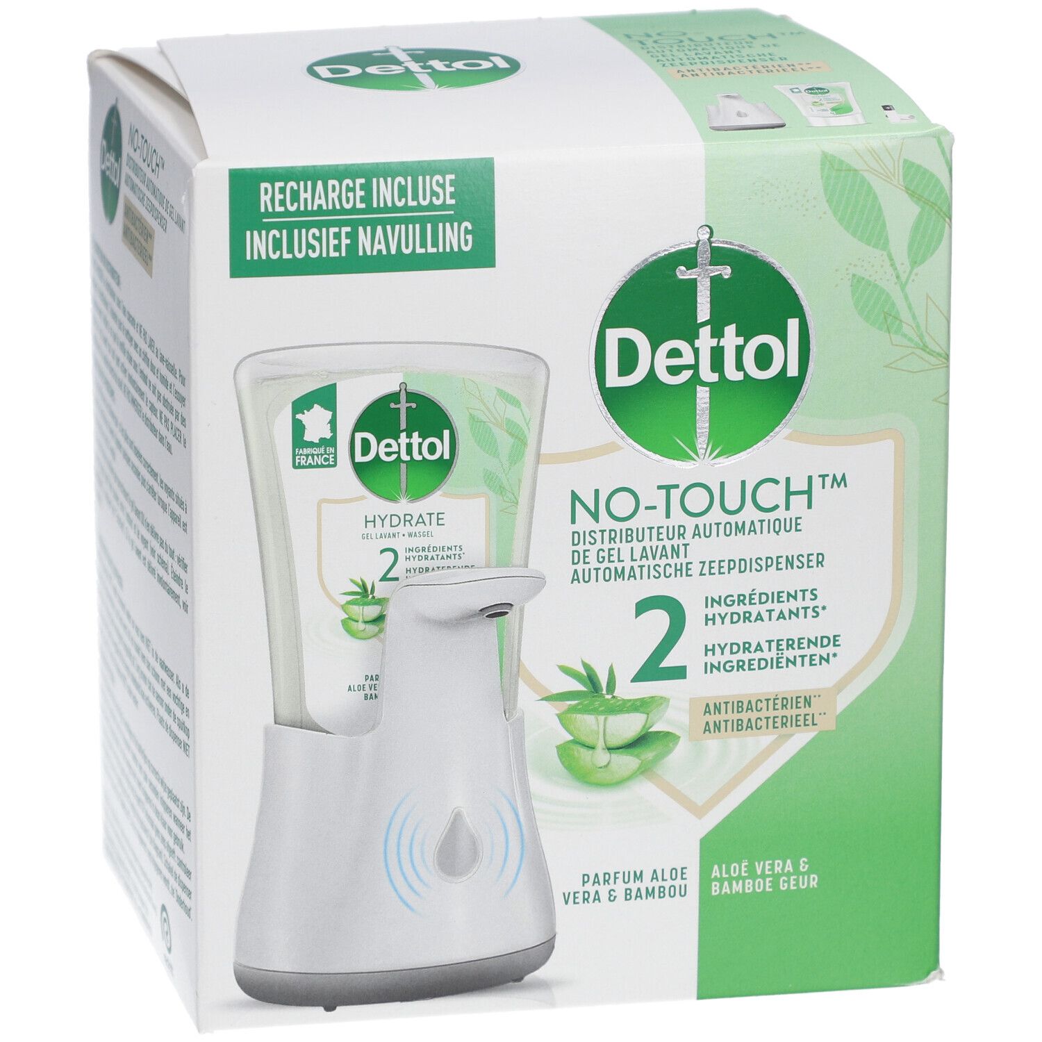 Verpackung des Dettol No-Touch Seifenspenders. Enthält Spender, Nachfüllung und Aloe Vera Duft. Antibakteriell.