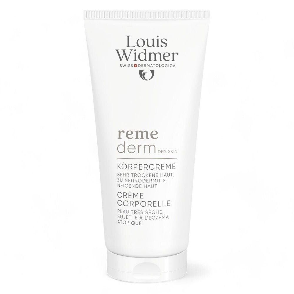 Tube de crème blanc, Louis Widmer. Texte: reme derm, Crème corporelle, peau très sèche. Logo.