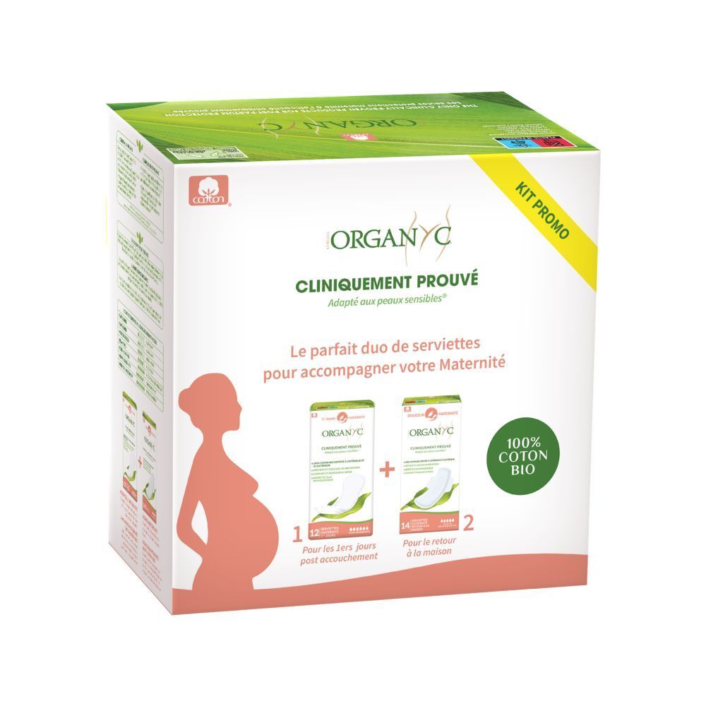 Pack Organyc Mutterschaft. Boîte avec deux paquets de serviettes. Inscriptions: Cliniquement Prouvé, 100% Coton Bio.