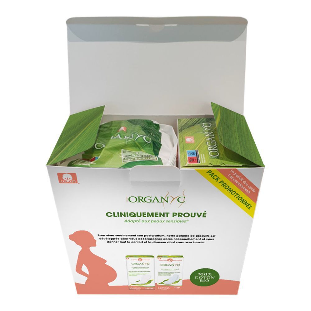 Pack Organyc Mutterschaft ouvert. Deux paquets de serviettes dans la boîte. Inscriptions: Cliniquement Prouvé, 100% Coton Bio.