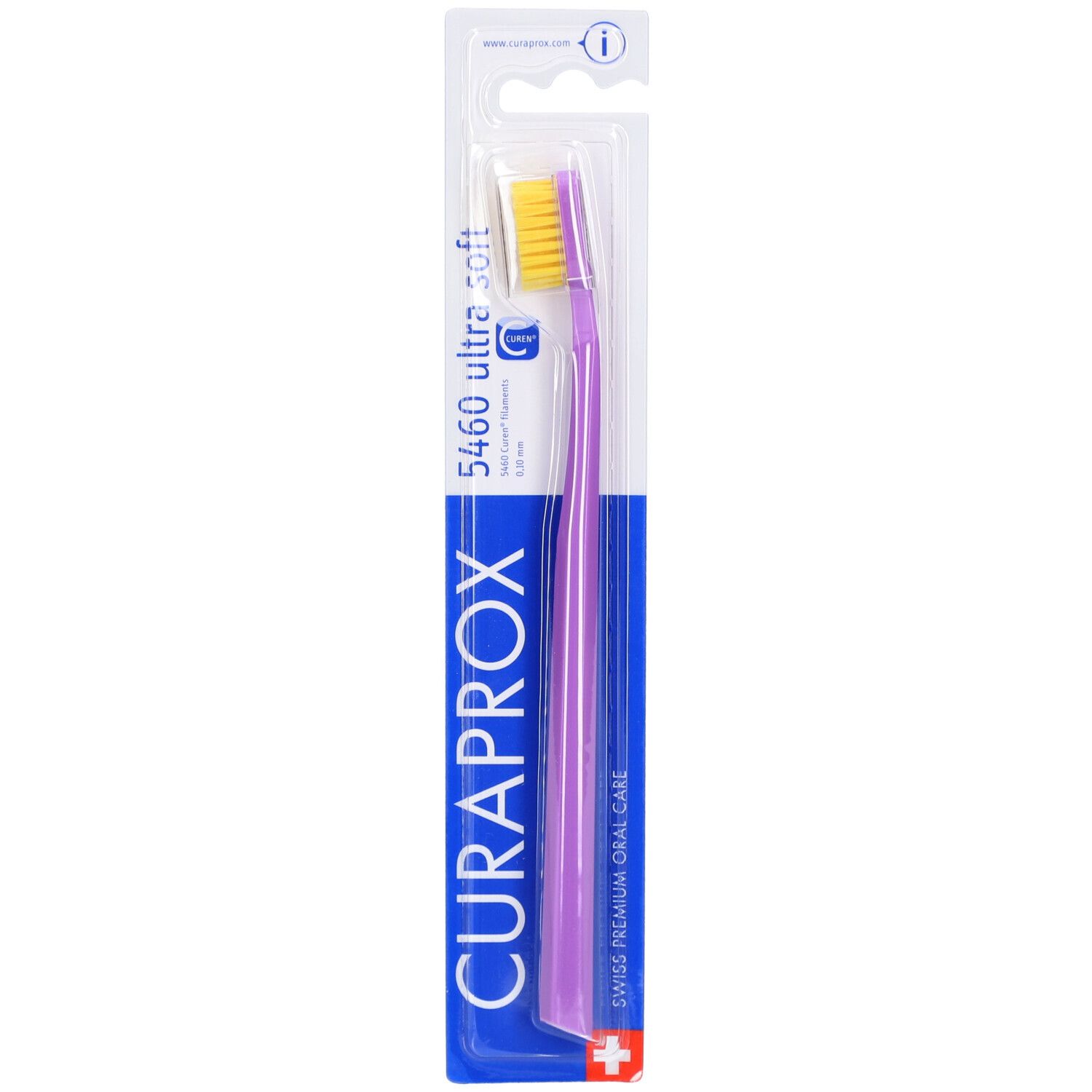 Tandenborstel met paarse handgreep en gele borstelharen in blisterverpakking. Merk: CURAPROX, model: 5460 ultra soft.