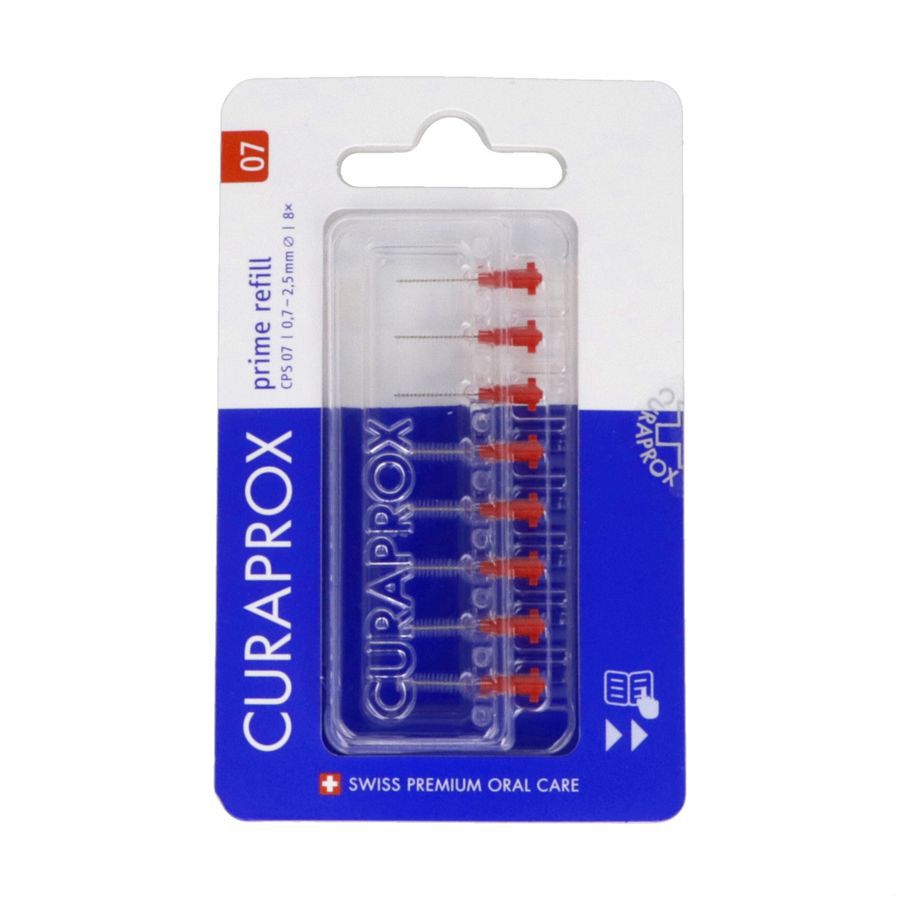 Recharge de brosses interdentaires rouges. Emballage avec nom et logo du produit. "07" et "prime refill" visibles.