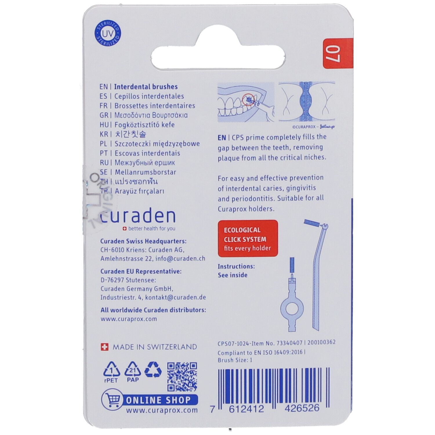 Rückseite der Verpackung mit Text in mehreren Sprachen. Illustrationen und Logos. "ECOLOGICAL CLICK SYSTEM" und "MADE IN SWITZERLAND".