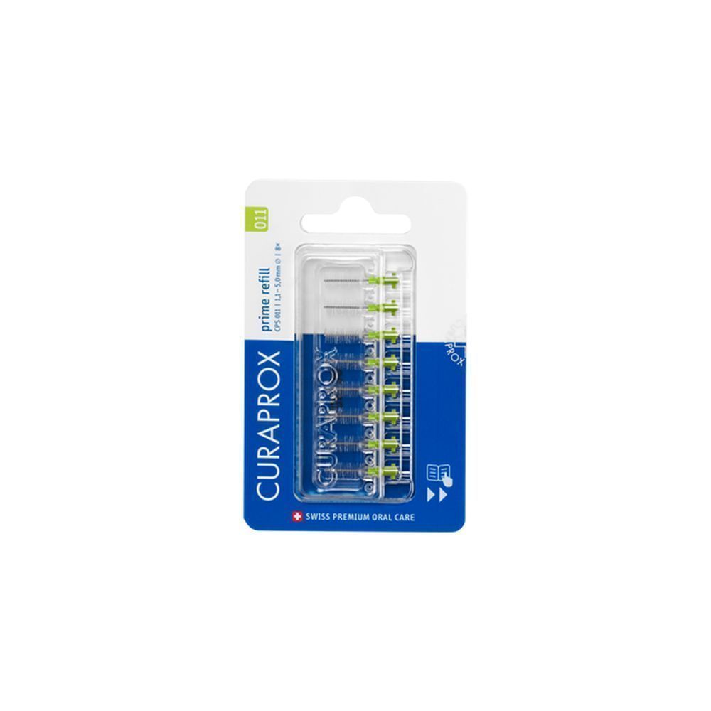 Recharge de brosses interdentaires. Emballage bleu avec fenêtre transparente. Têtes de brosse vertes visibles. Marque Curaprox.