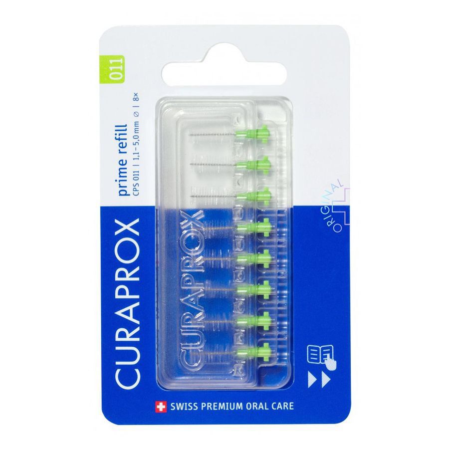 Navulling voor interdentale borstels. Blauwe verpakking met transparant venster. Groene borstelkoppen zichtbaar. Merk Curaprox.