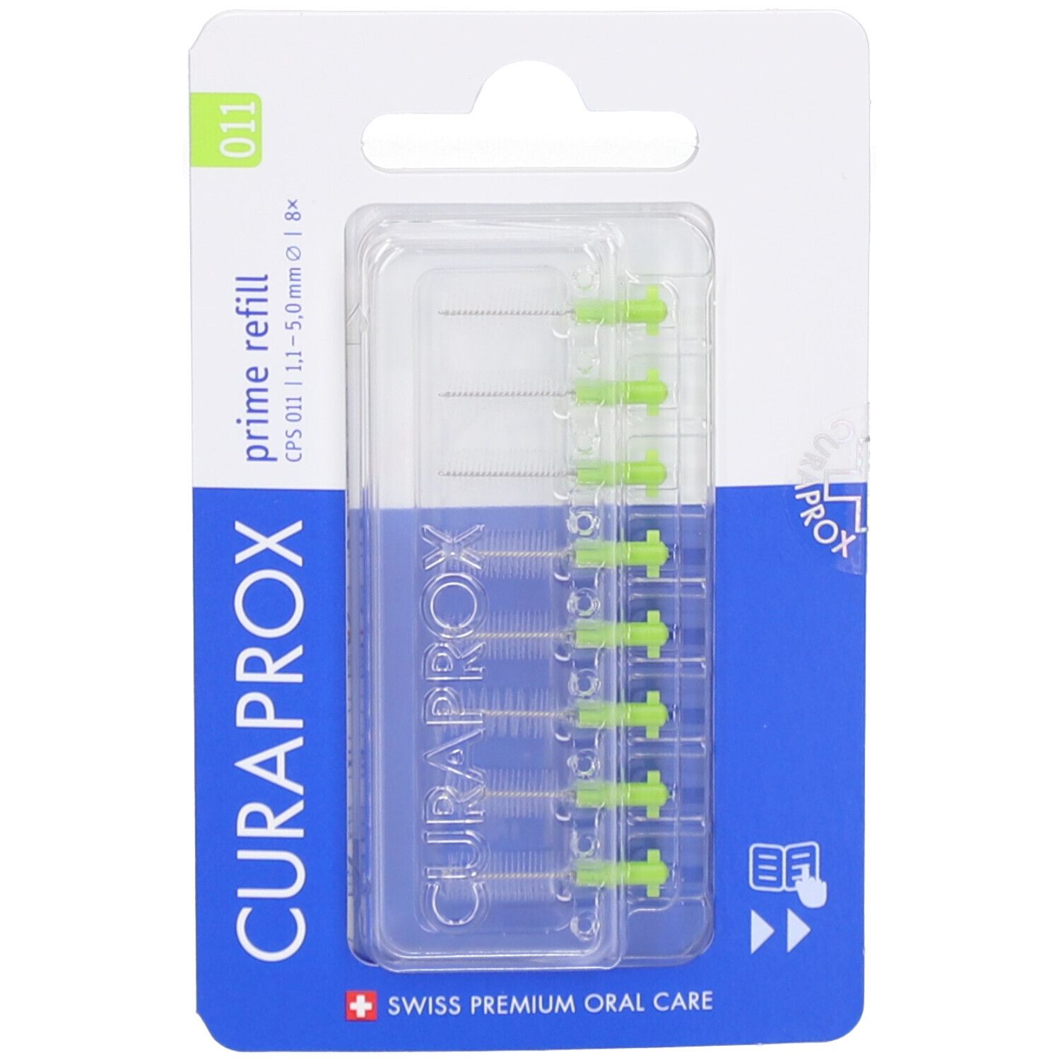 Interdentalbürsten-Nachfüllpackung. Blaue Verpackung mit transparentem Fenster. Grüne Bürstenköpfe sichtbar. Marke Curaprox.