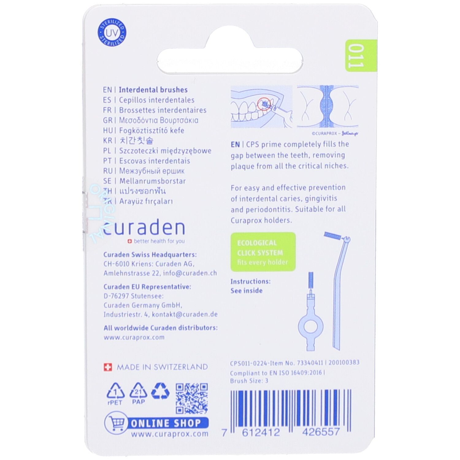 Rückseite der Interdentalbürsten-Nachfüllpackung. Text in mehreren Sprachen. Illustrationen. Marke Curaprox. Hergestellt in der Schweiz.