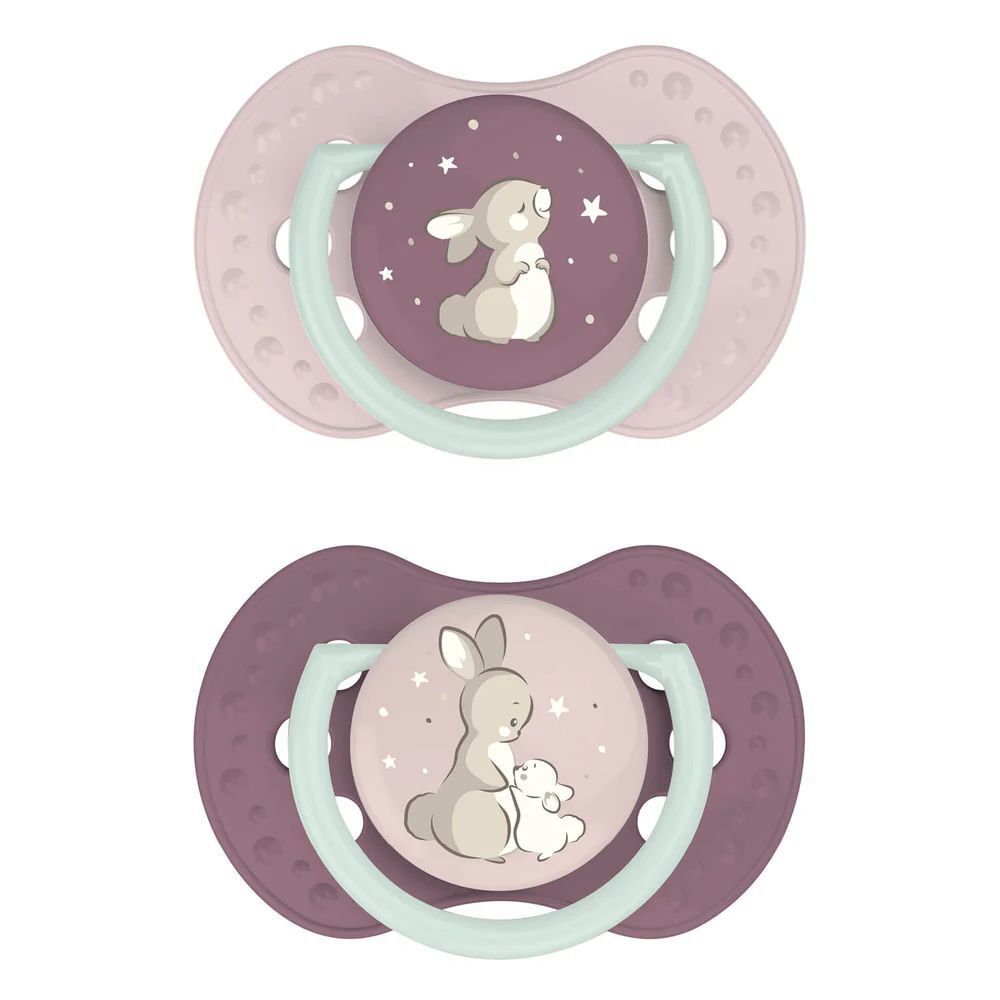 Zwei Schnuller mit Hasenmotiv. Rosa, lila und mintfarbene Elemente. Für Babys ab 18 Monaten.