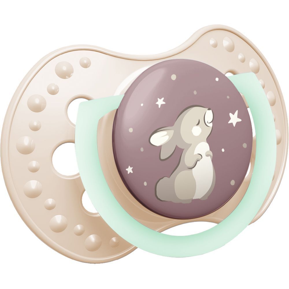 Schnuller mit Hasenmotiv. Beige, lila und mintfarbene Elemente. Für Babys ab 18 Monaten.