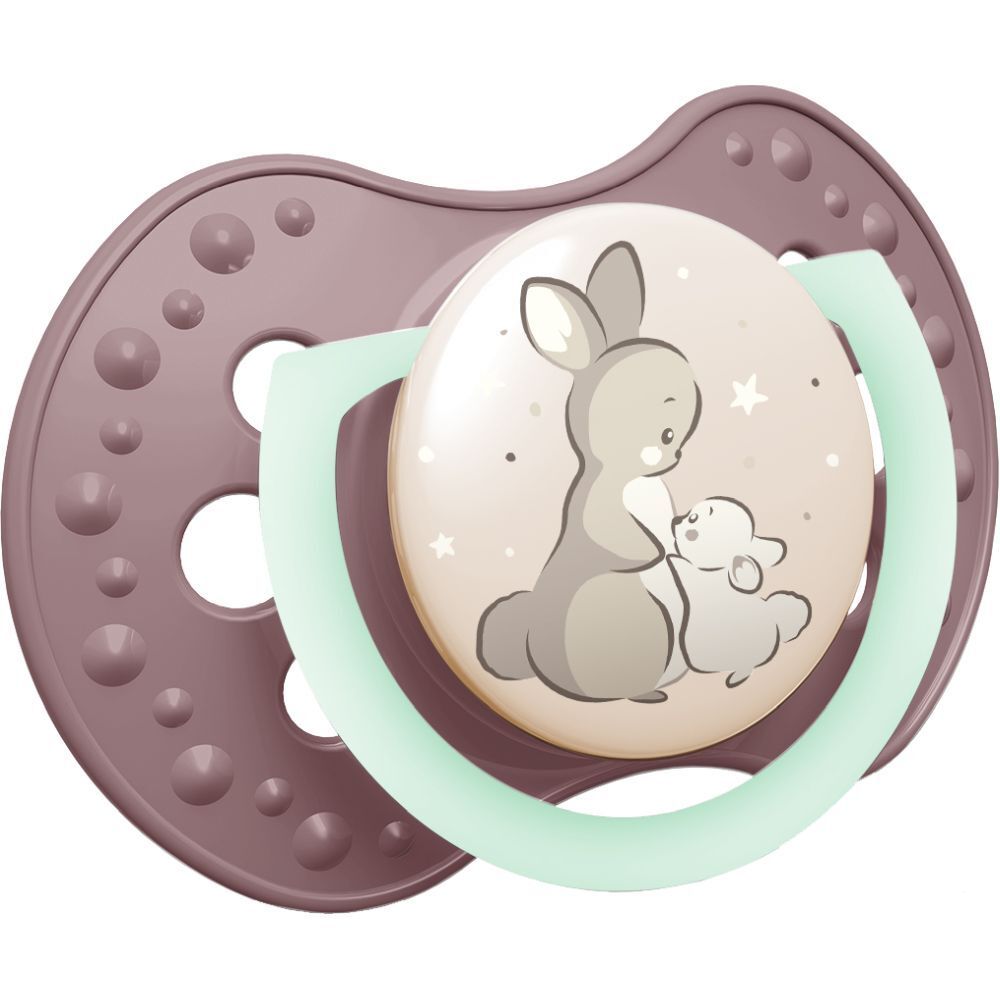 Schnuller mit Hasenmotiv. Lila, beige und mintfarbene Elemente. Für Babys ab 18 Monaten.