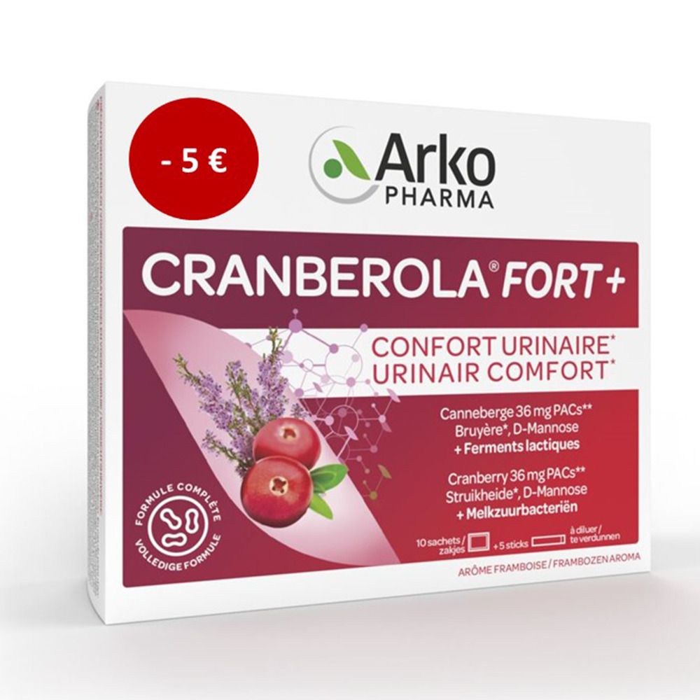 Arko Pharma Cranberola Fort+ verpakking. Cranberry illustratie, tekst Confort Urinaire. Rode cirkel met -5€.
