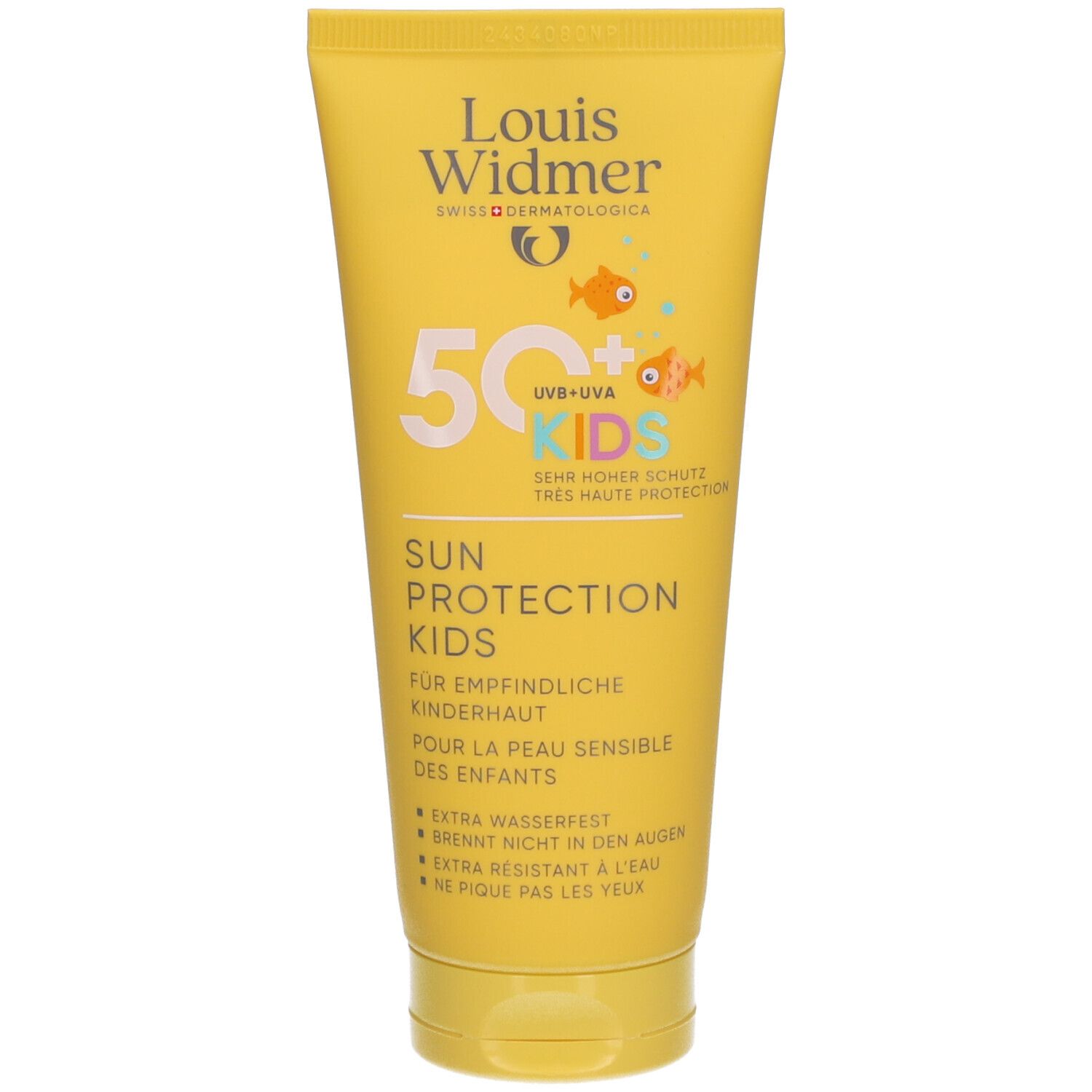 Gelbe Tube Louis Widmer Sun Protection Kids SPF50+. Text: Sun Protection Kids, 50+ UVB+UVA, für empfindliche Kinderhaut.