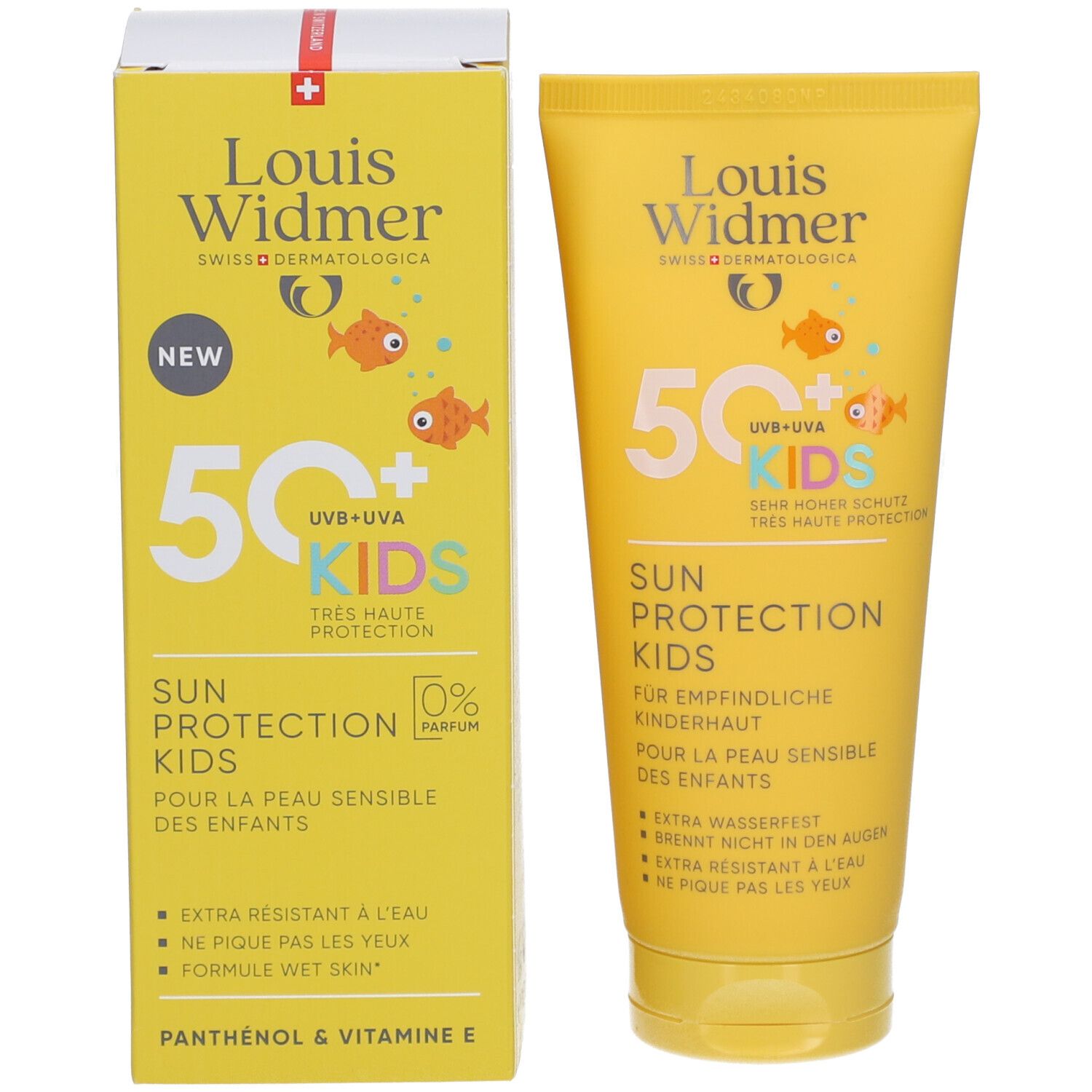 Louis Widmer Sun Protection Kids SPF50+ Tube und Schachtel. Text: 50+ UVB+UVA KIDS, 0% Parfum, Sun Protection Kids.