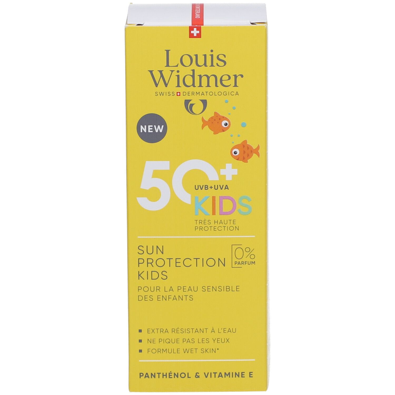Gelbe Schachtel Louis Widmer Sun Protection Kids SPF50+. Text: 50+ UVB+UVA KIDS, 0% Parfum, Sun Protection Kids.