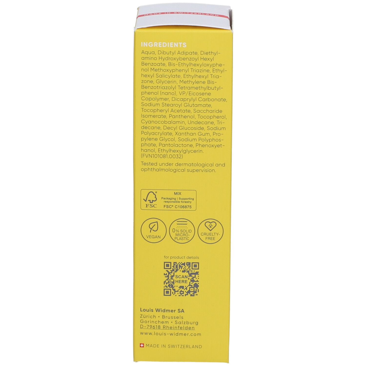 Rückseite der Schachtel Louis Widmer Sun Protection Kids SPF50+. Text: Inhaltsstoffe, Vegan, 0% Mikroplastik, Cruelty Free.