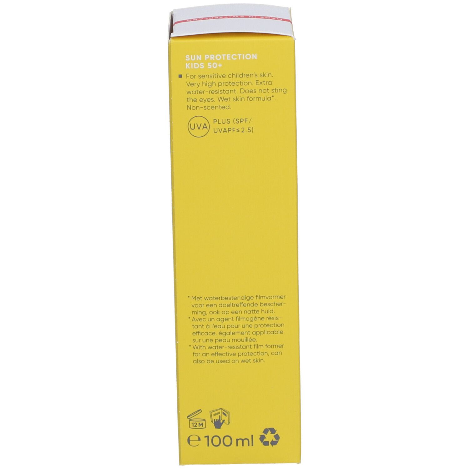 Rückseite der Schachtel Louis Widmer Sun Protection Kids SPF50+. Text: 100 ml, UVA, Vegan, 0% Mikroplastik, Cruelty Free.