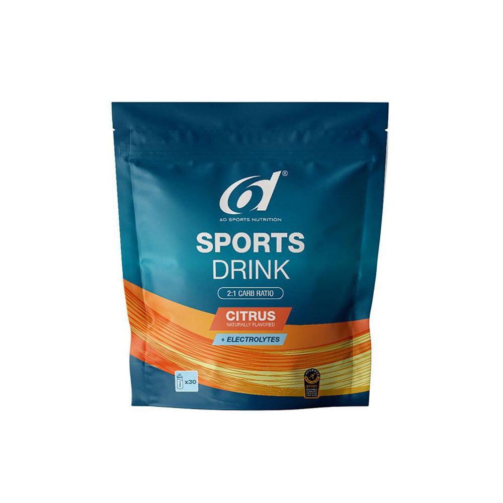 Zak 6d Sports Drink Citrus. Opschrift: Sports Drink, 2:1 Carb Ratio, Citrus + Electrolytes. Logo: 6d.
