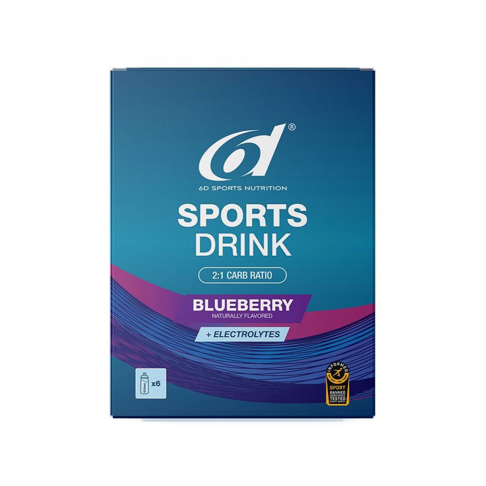Boîte de boisson sportive aux myrtilles. Contient des électrolytes. Logo 6d Sports Nutrition. Rapport glucides 2:1. Boisson sportive. Myrtille, arôme naturel.