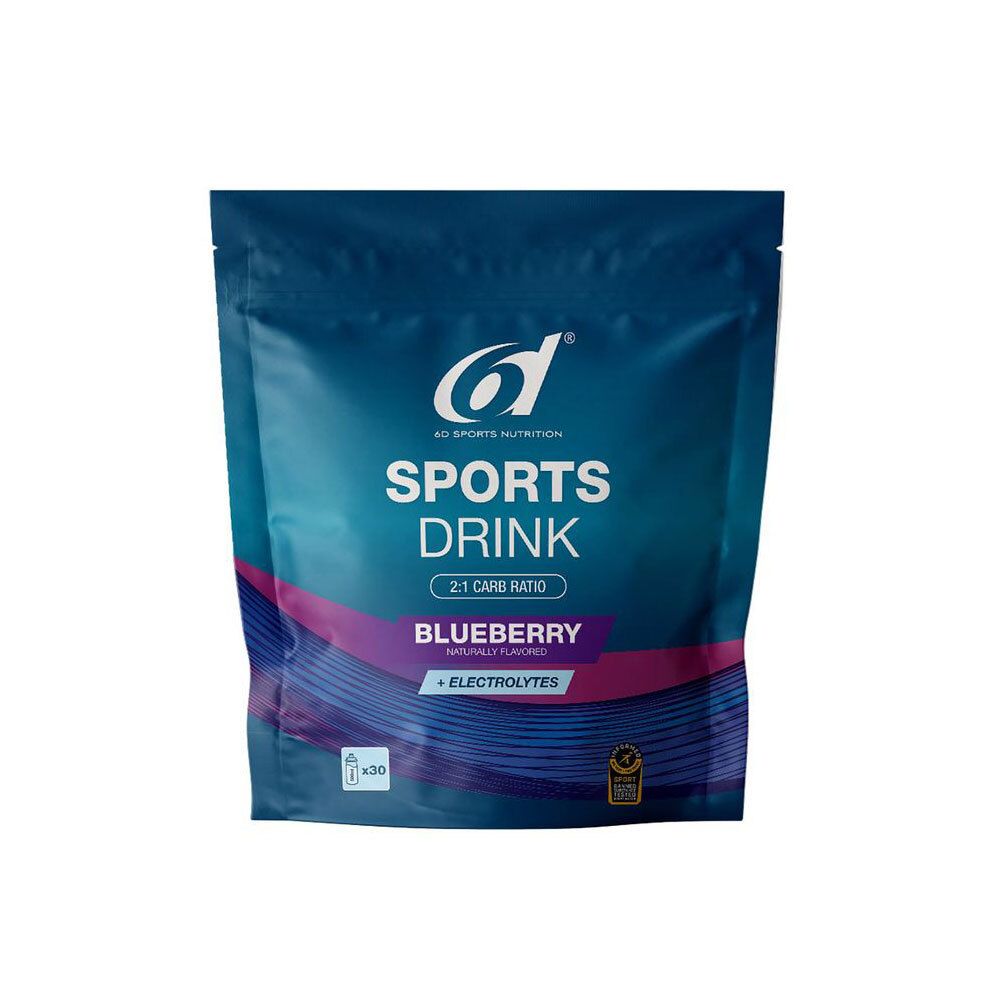 Sachet de boisson sportive aux myrtilles. Contient des électrolytes. Logo 6d Sports Nutrition. Rapport glucides 2:1. Boisson sportive. Myrtille, arôme naturel.