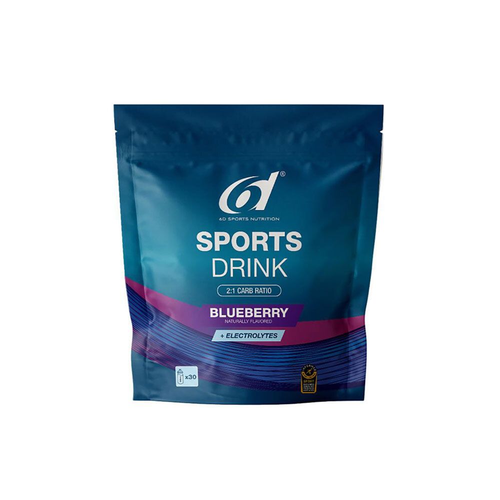 Blauer Beutel mit "6d SPORTS DRINK". "BLUEBERRY + ELECTROLYTES" Text. Siegel und Logo.