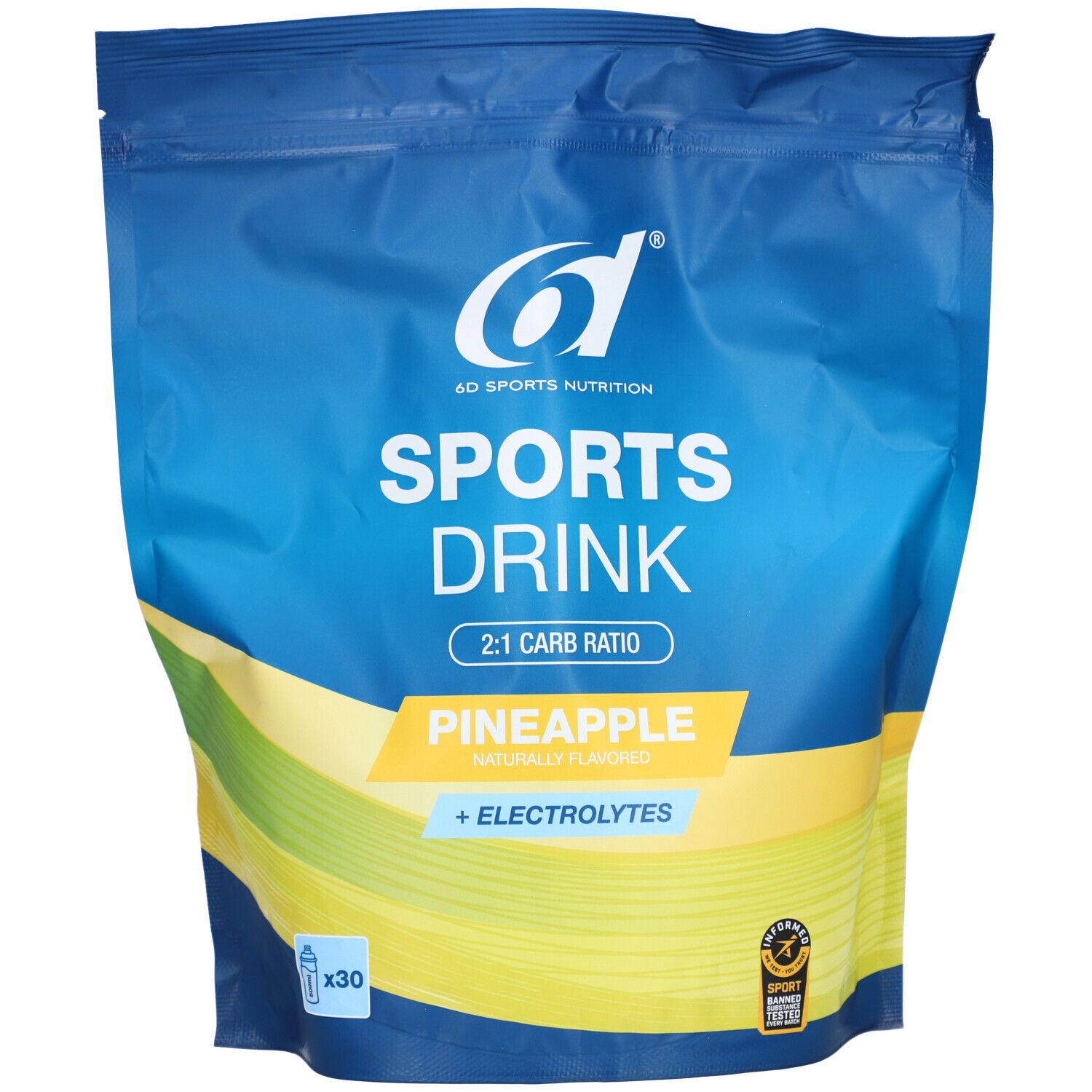 Blauer Beutel mit "6D Sports Nutrition"-Logo. Aufschrift "Sports Drink", "Ananas" und "+ Elektrolyte".