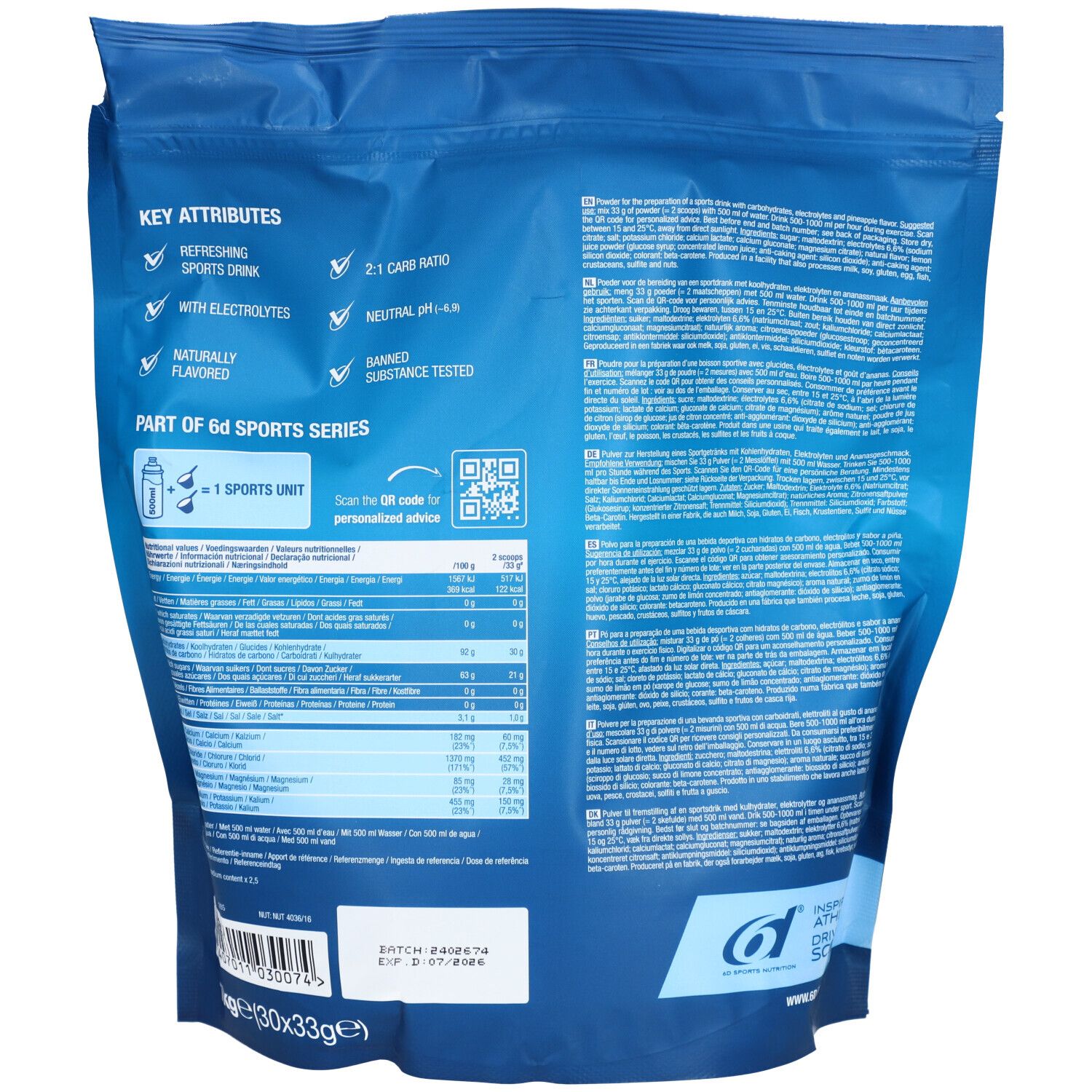 Rückseite des blauen Beutels. Text mit "Key Attributes", Nährwertangaben und QR-Code. Logo "6D Sports Nutrition".