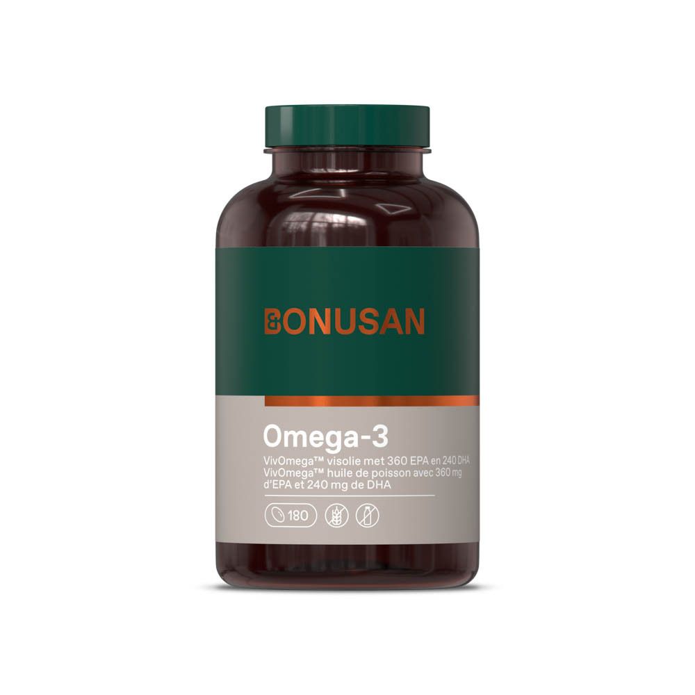 Flacon brun d'Omega-3. Étiquette verte et grise avec nom du produit et marque BONUSAN. 180 gélules.