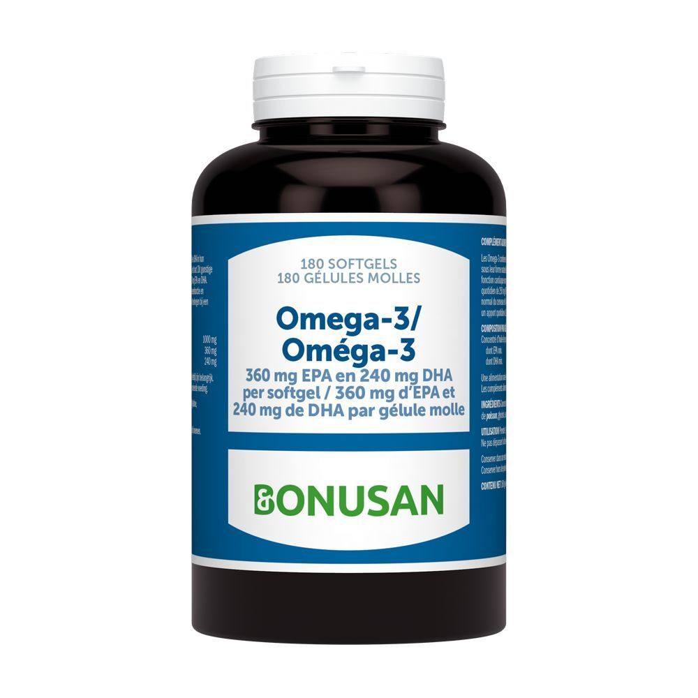 Flacon brun d'Omega-3. Étiquette bleue avec nom du produit et marque BONUSAN. 180 gélules.