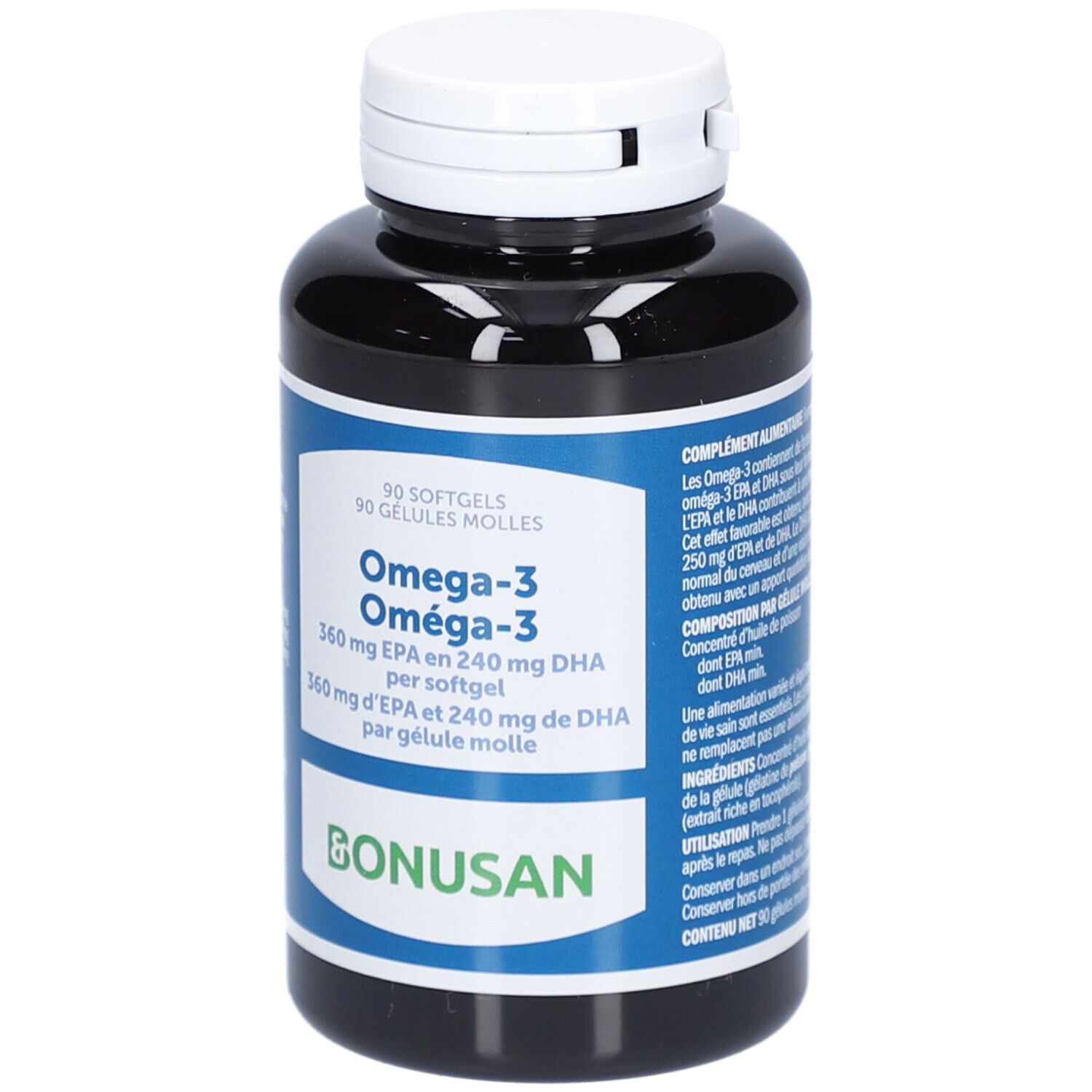 Dunkle Flasche mit weißem Deckel. Aufschrift: Omega-3, 90 Softgels. Marke: Bonusan.